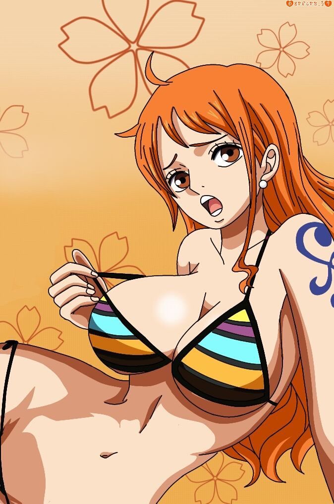 1girls, arm support, arm tattoo, big breasts, bikini, bikini bottom, bikini pull, blue tattoo, breasts, busty, cleavage, clothes pull, female, female only, large breasts, long hair, looking at viewer, lying, nami (one piece), navel, one piece, open mouth, orange eyes, orange hair, orange-haired female, post-timeskip, rainbow bikini, solo, swimsuit, tattoo, teasing