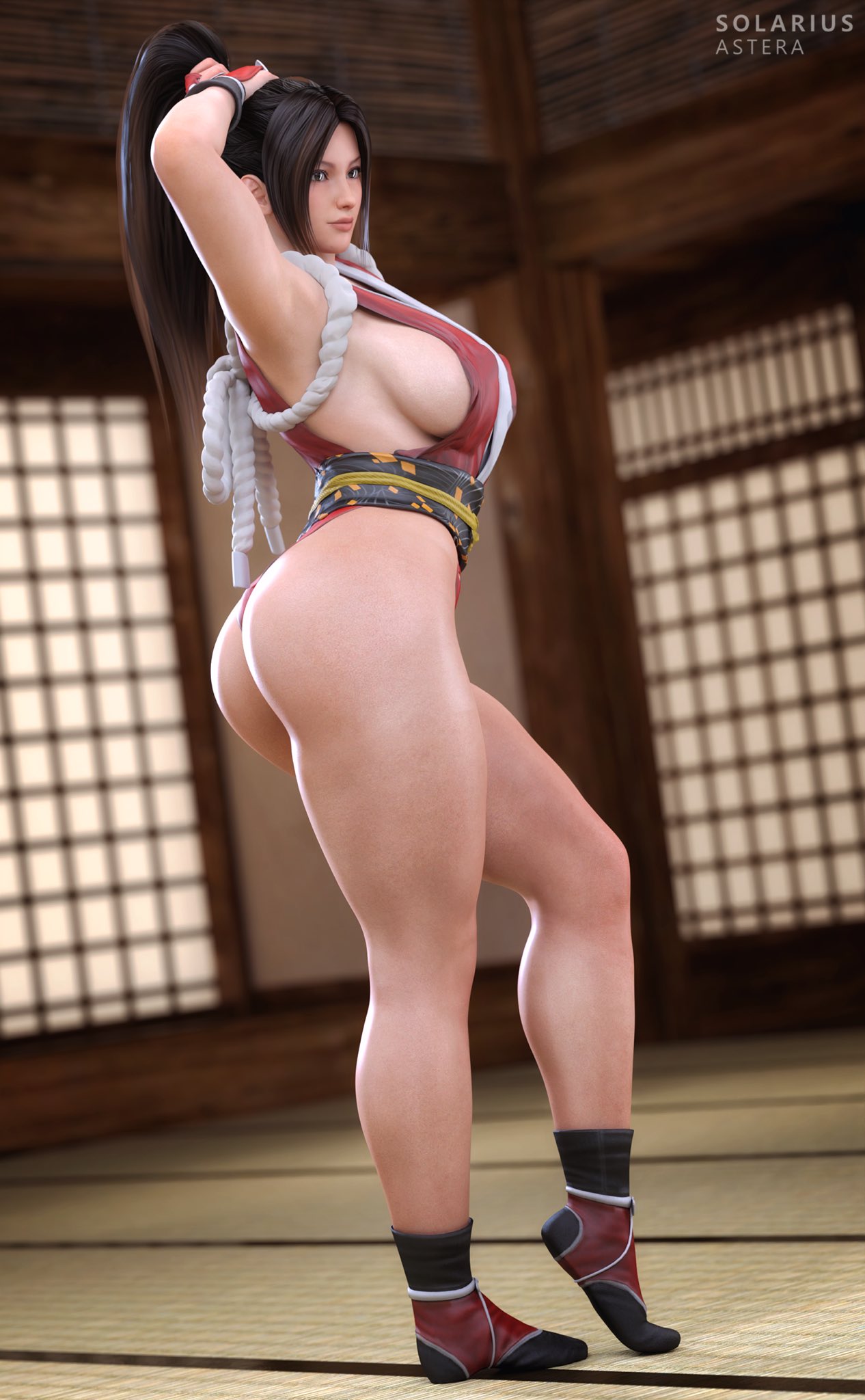 1girls, 3d, absurd res, ass, big ass, big breasts, breasts, fatal fury, female, female only, hi res, king of fighters, large breasts, looking at viewer, mai shiranui, snk, solarius astera, solo, thick thighs, thighs, wide hips