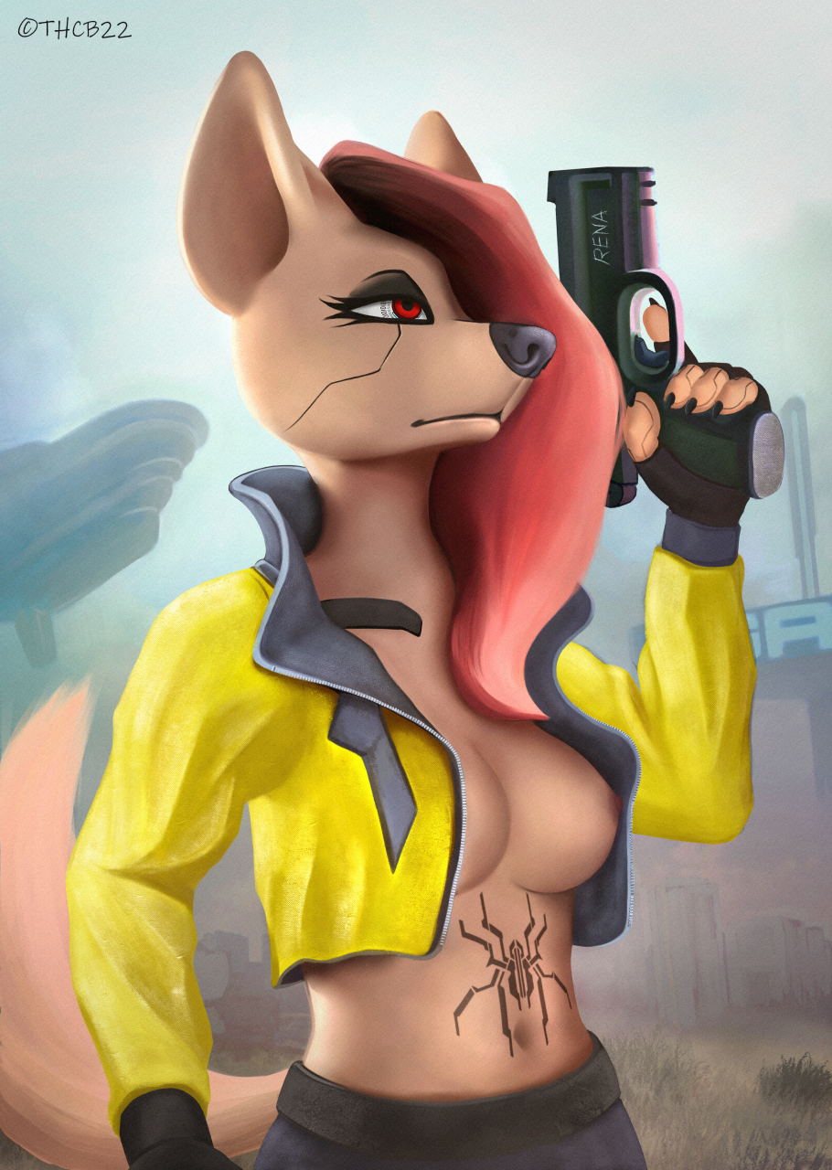 anthro belly_tattoo biker biker_girl biker_jacket braless breasts canid canine canis casual clothed clothing coyote cybernetics cyberpunk cyberpunk_2077 detailed_background detailed_eyes detailed_foreground exposed_breasts fabric female fingerless_gloves firearm gloves gun hair handgun handwear hi_res humanoid jacket jacket_only machine mammal nipple_fetish nipples outerwear portrait pose ranged_weapon red_eyes red_hair rena_(thrashcub) side_boob solo standing tattoo thrashcub topless topless_anthro topless_female topwear under_boob weapon yellow_clothing yellow_jacket_(clothing) yellow_topwear