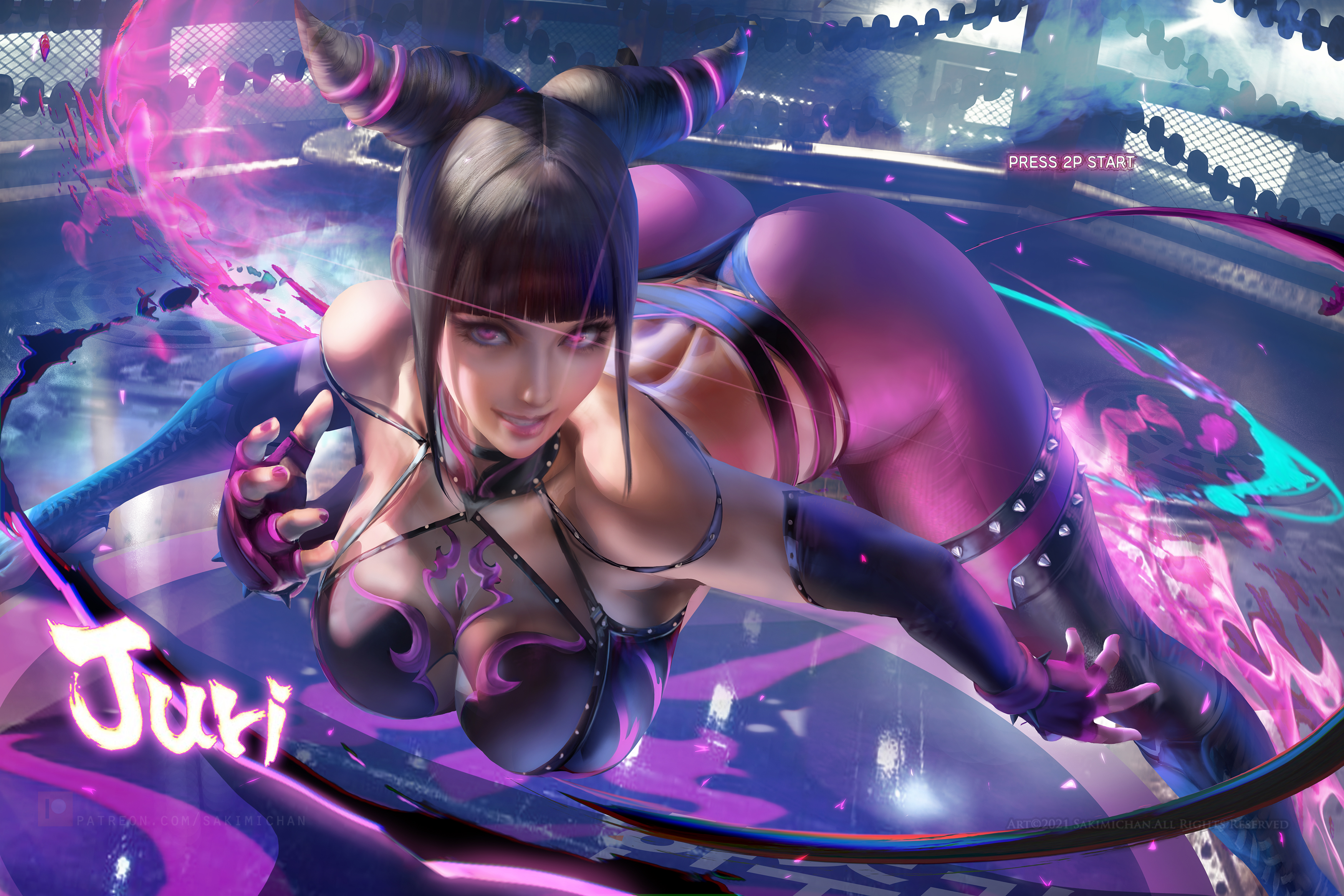 1girls, 2022, alternate version available, ass, bending over, big ass, big breasts, black hair, breasts, capcom, dark background, female, female only, hi res, juri han, leaning forward, purple eyes, sakimichan, solo, street fighter, suggestive look, thick thighs