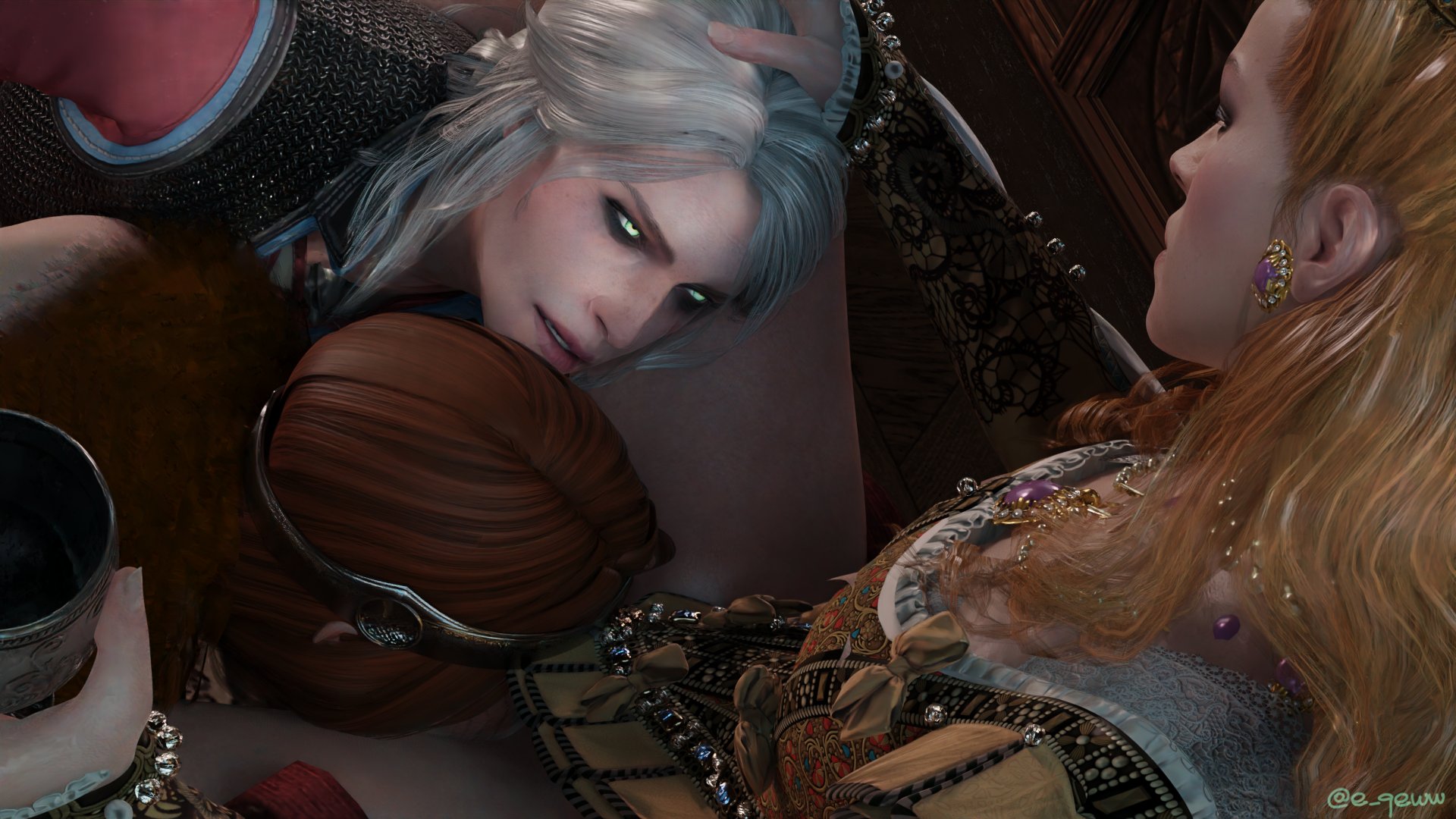 3d, anna henrietta, cerys an craite, ciri, crown, cunnilingus, e qeww, female, lesbian sex, looking at another, looking down, looking up, the witcher (series), the witcher 3: wild hunt, threesome, yuri