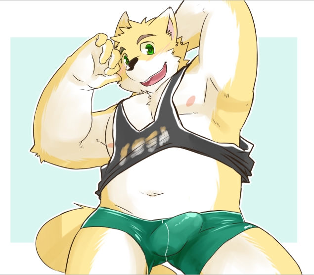 1boy 2022 anthro black_nose bulge canid canine canis clothing domestic_dog genital_outline green_eyes inuryu kemono male male_only mammal nipples penis_outline shirt solo topwear underwear