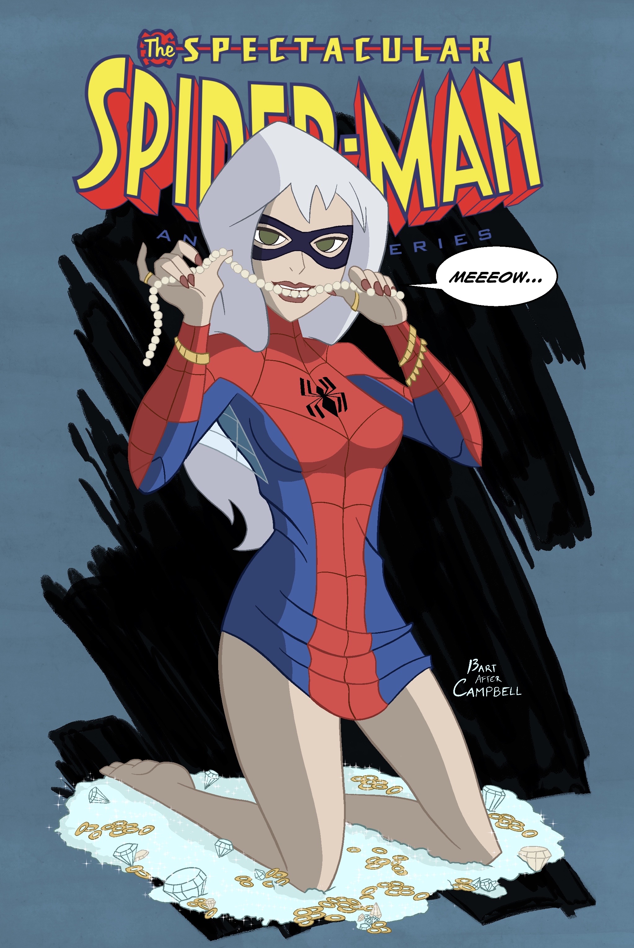 1girls, alternate costume, black cat (marvel), black cat (spectacular), coin, cosplay, costume, cover page, diamond (gem), domino mask, english text, felicia hardy, female, female focus, female only, green eyes, human, human only, jewelry, kneeling, light skin, lipstick, long hair, looking at viewer, marvel, marvel comics, parody, parody cover, partially clothed, partially clothed female, pearl necklace, pinup, simple background, solo, solo female, solo focus, speech, speech bubble, spider-man (cosplay), spider-man (series), text, the spectacular spider-man, tyraknifesaurus, white hair