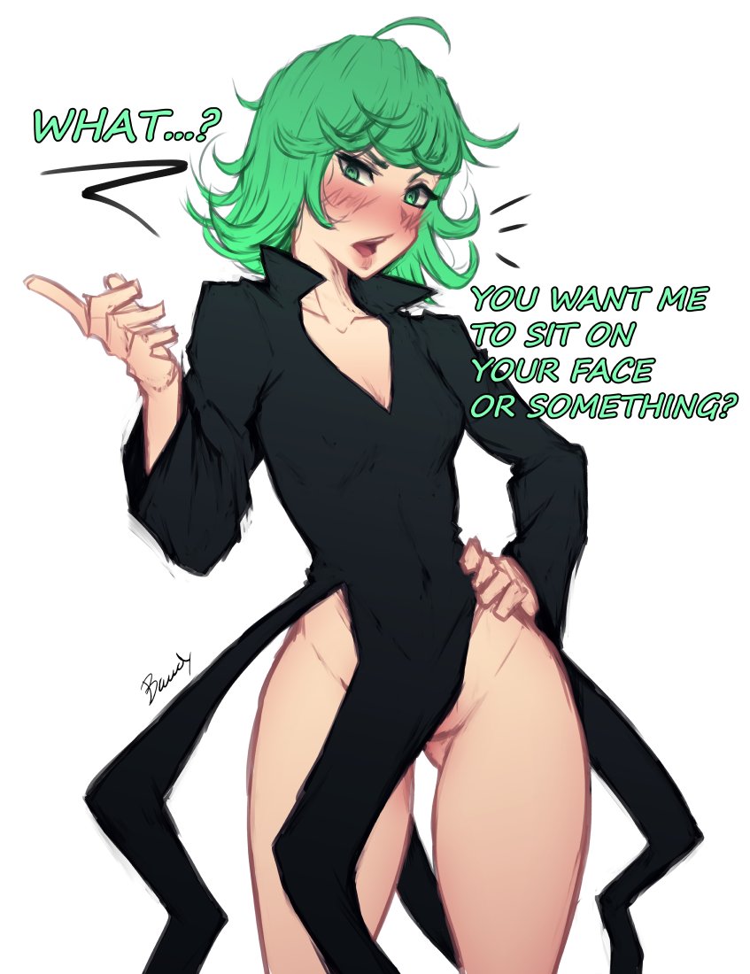 1girls 2022 bawdy blush bottomless breasts dialogue english_text eye_contact female female_only green_eyes green_hair light_skin looking_at_viewer one-punch_man small_breasts solo solo_female standing tatsumaki text thighs