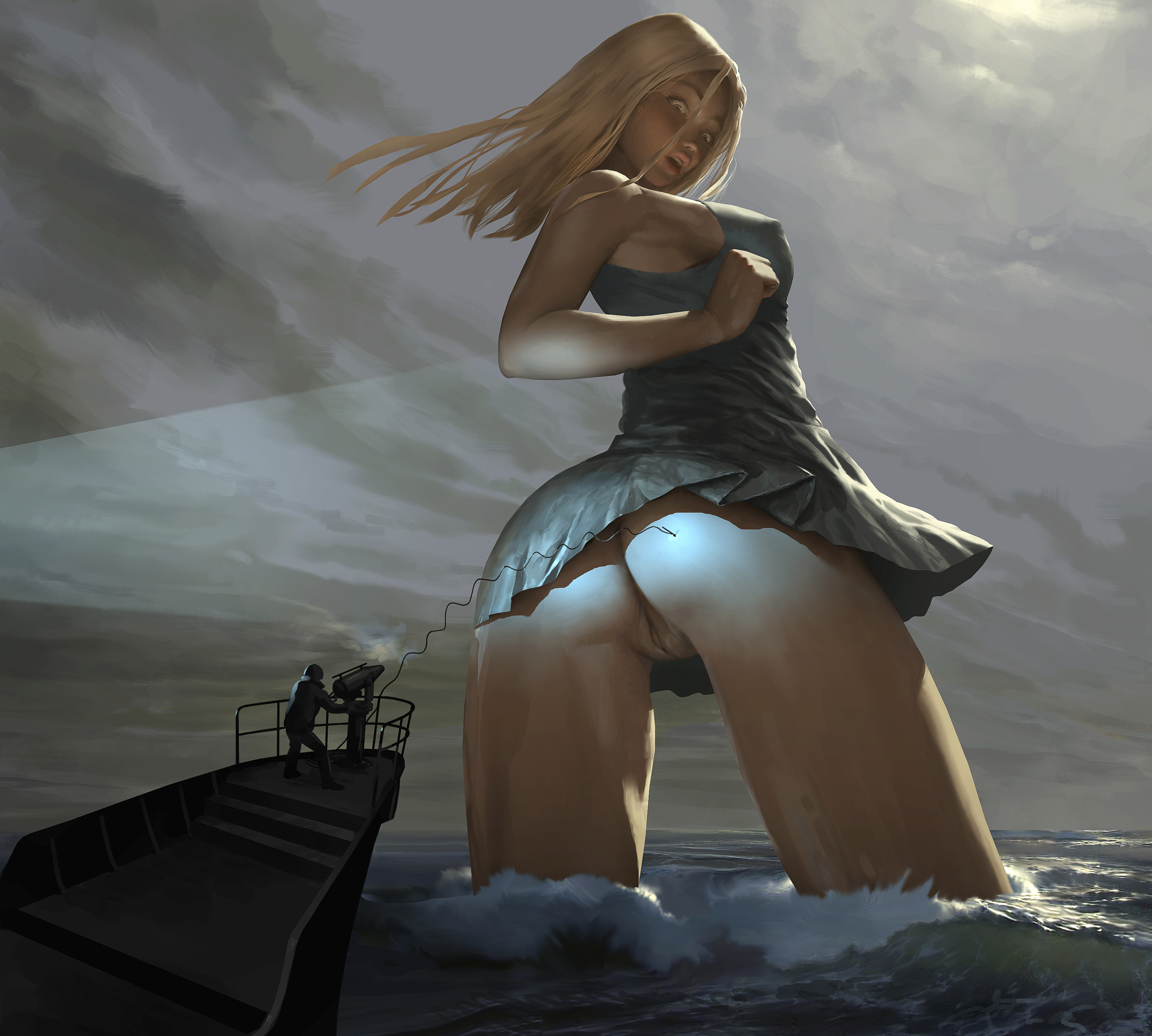 blonde hair, bottomless, female, giantess, oc, original, original character, pussy, stahlberg