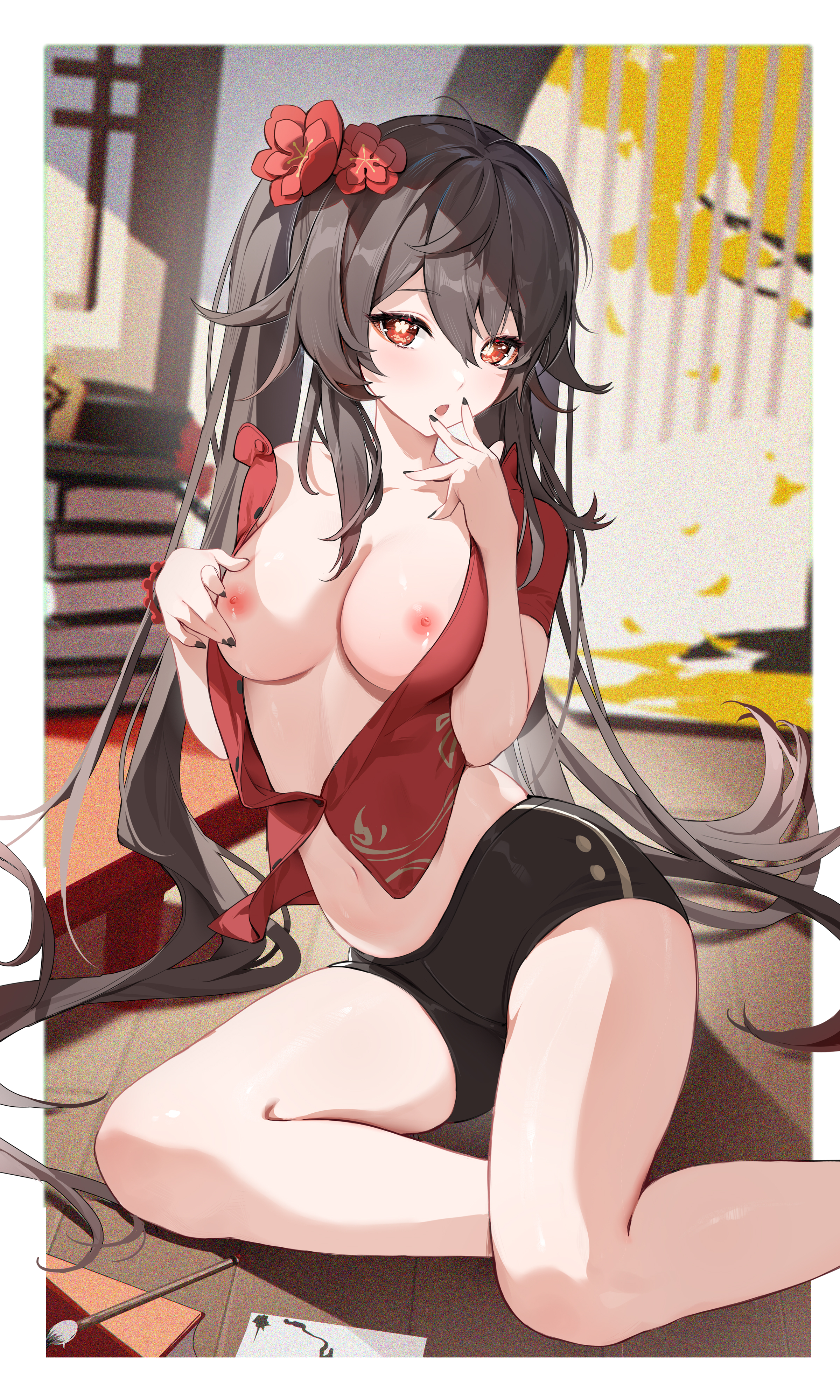 1girls, alternate breast size, bare legs, black hair, breasts, female, flower, flower in hair, genshin impact, hair ornament, highres, houkiboshi (mmjw7432), hu tao (genshin impact), huge breasts, long hair, looking at viewer, nail polish, navel, nipples, no bra, open shirt, pants, red eyes, sitting, thighs, very long hair