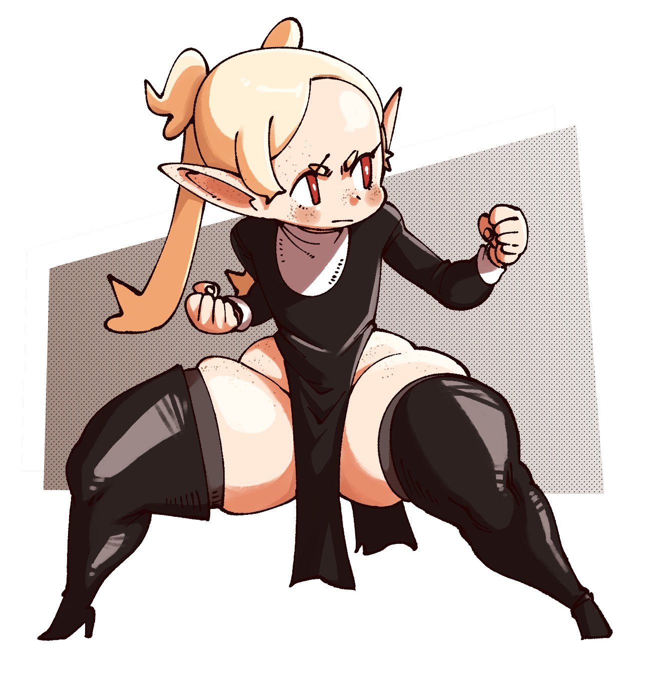 1girls, blonde hair, clothing, curvy, female, female only, final fantasy, final fantasy xiv, footwear, freckles, freckles on face, hair, hips, lalafell, nuclearwasabi, pelvic curtain, pointy ears, red eyes, shortstack, sister tartaruchi, solo, solo female, square enix, thick thighs, thigh boots, thighhighs, thighs, thunder thighs, wide hips