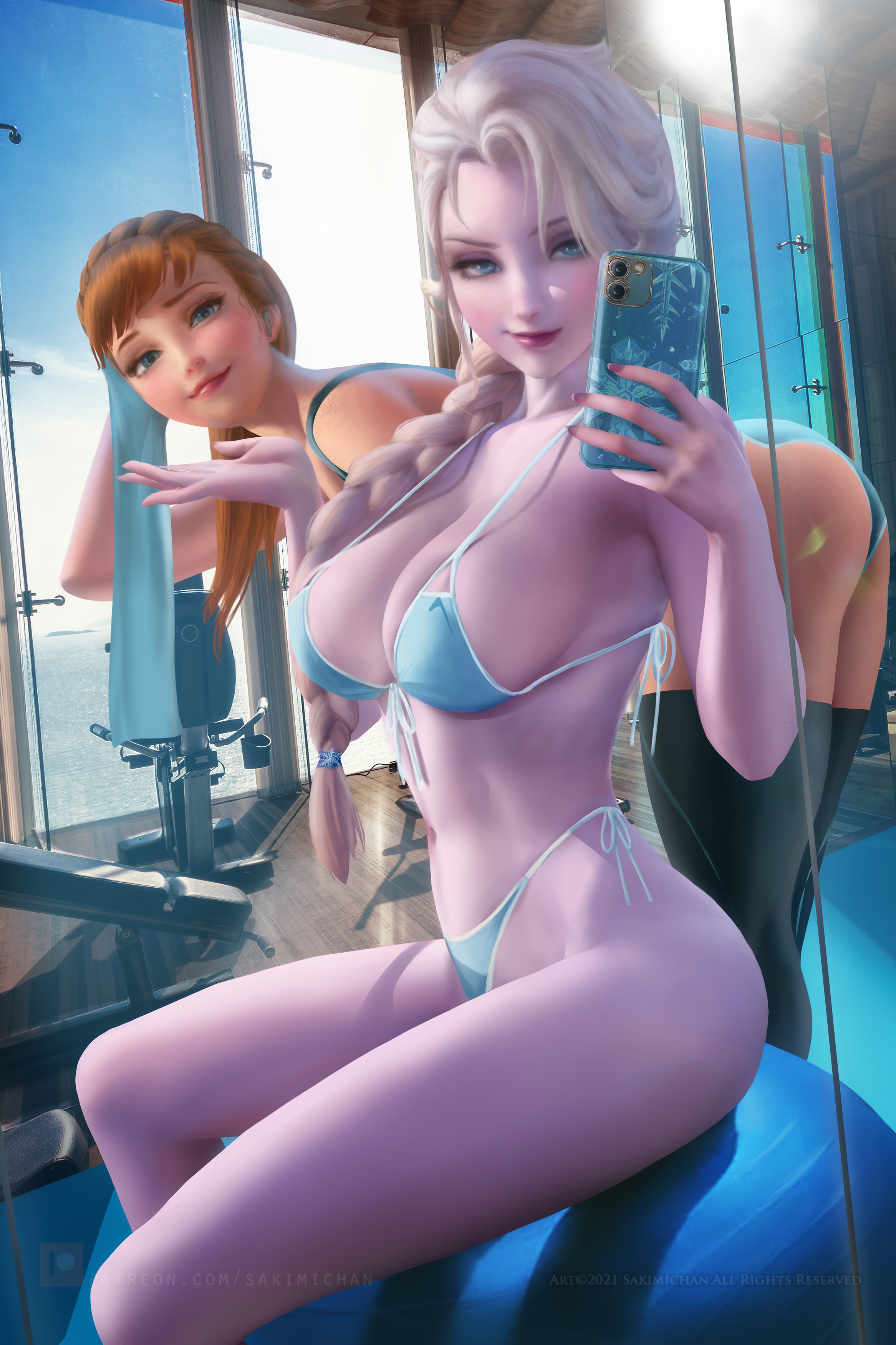 2022, 2girls, anna (frozen), ass, bending over, big ass, big breasts, blue eyes, bra, breasts, brown hair, disney, elsa (frozen), female, frozen (film), holding phone, light skin, light-skinned female, medium breasts, pale skin, pale-skinned female, panties, phone, sakimichan, selfie, sisters, skin contrast, stockings, tagme, white hair