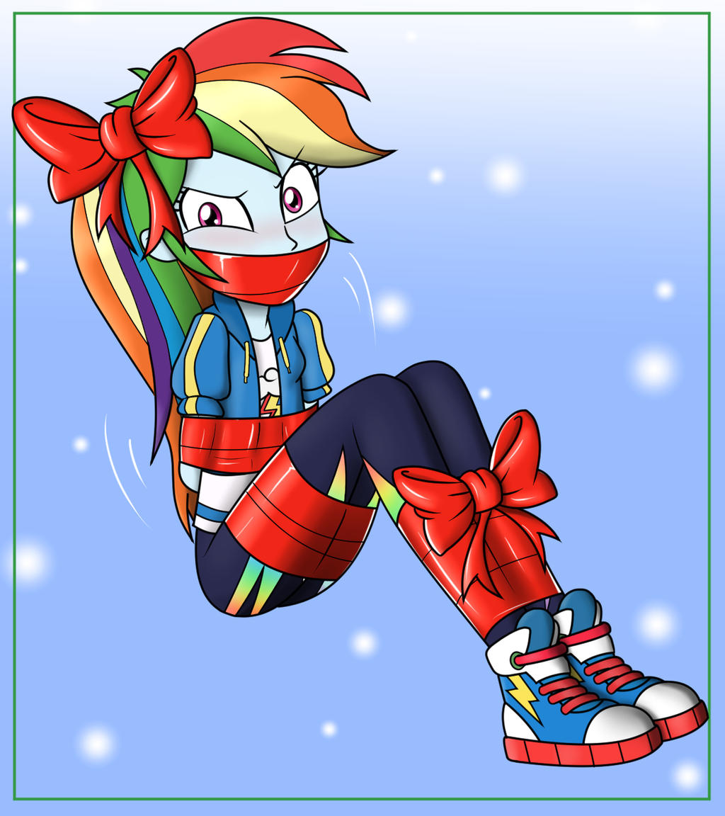 angry arms_tied_behind_back bondage bound_ankles bound_legs equestria_girls friendship_is_magic gag gagged hasbro living_gift my_little_pony nivek15 purple_eyes rainbow_dash_(mlp) rainbow_hair ribbons smooth_skin tape_bondage tape_gag