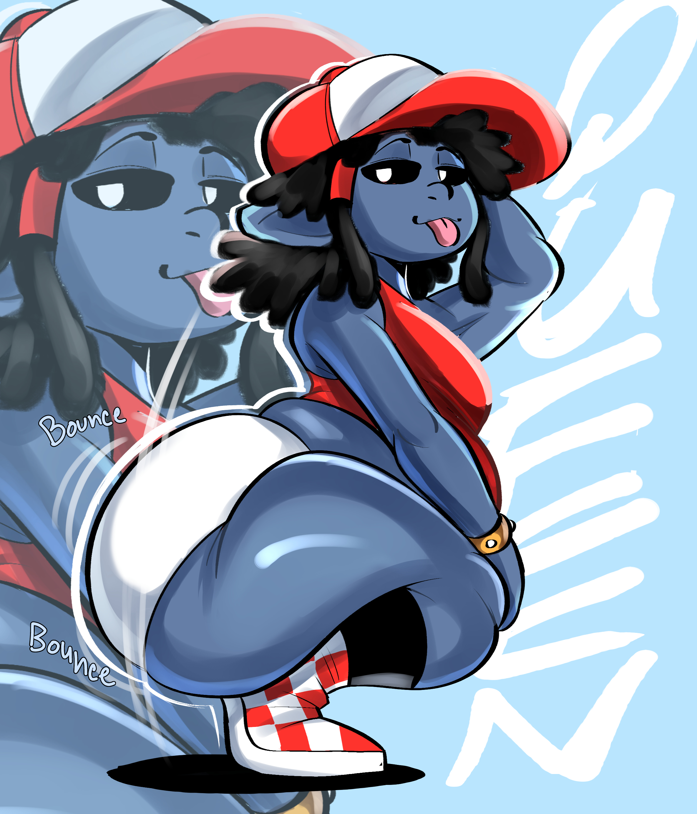 1boy, ass, ass shake, big ass, bouncing ass, bubble ass, bubble butt, chubby, chubby male, femboy, goblin, goblin femboy, goblin male, huge ass, looking at viewer, male, male only, misu (whateverdoes), nathanatwar, original, original character, shortstack, shortstack femboy, solo, squatting, thick thighs, twerking, whateverdoes