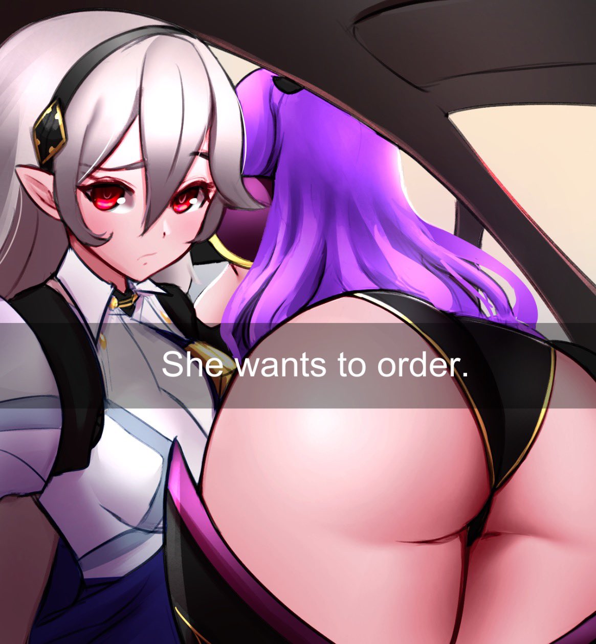 ass, bare thighs, bent over, black panties, breasts, camilla (fire emblem), car, corrin (fire emblem), corrin (fire emblem) (female), english text, female, fire emblem, fire emblem fates, grey hair, he wants to order, horns, inner thighs, jaxartdump, large ass, long hair, looking at viewer, medium breasts, meme, panties, purple hair, red eyes, selfie, she wants to order, siblings, sisters, text, thighs, underwear