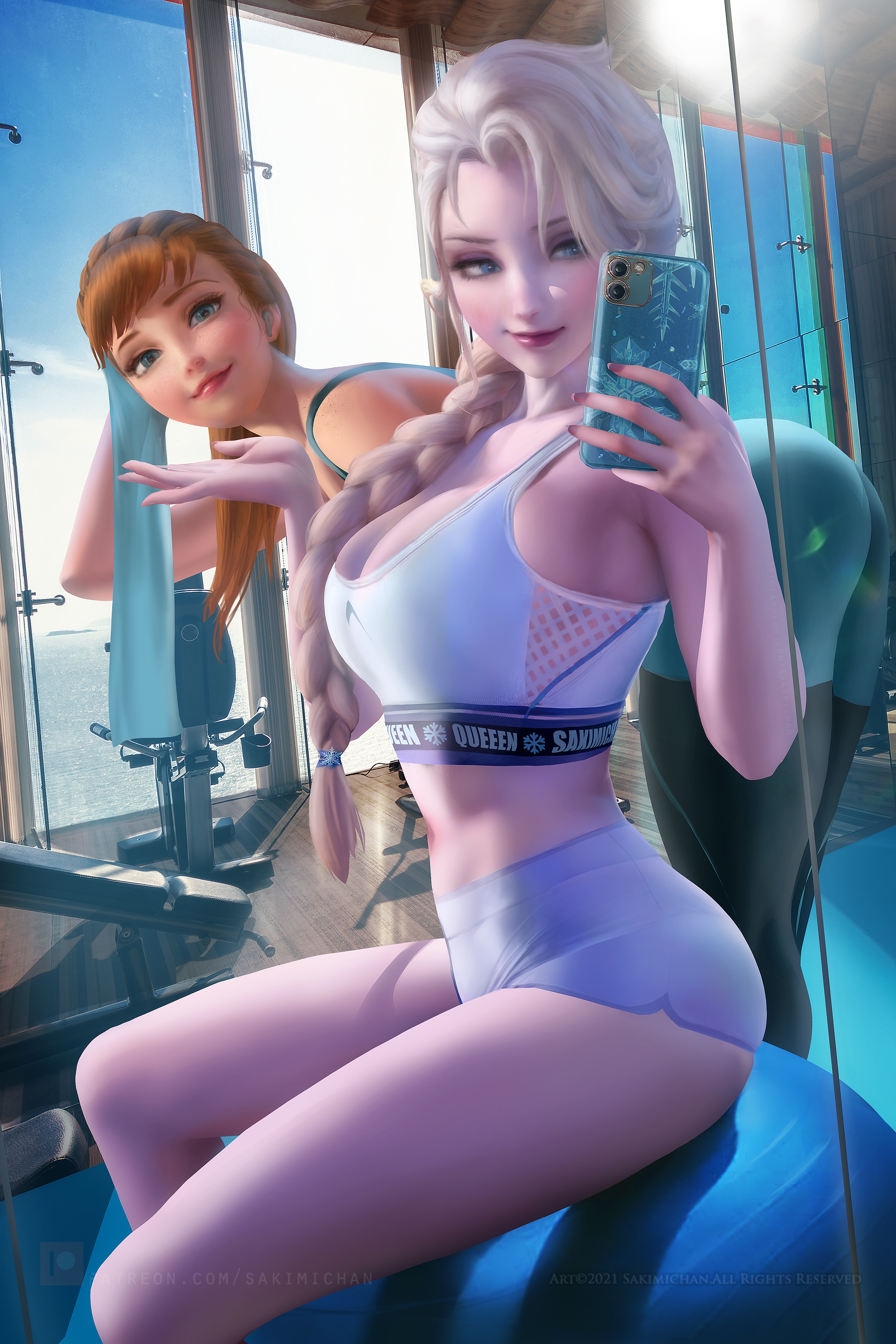 2022, 2girls, alternate version available, anna (frozen), ass, bending over, big ass, big breasts, blue eyes, bra, breasts, brown hair, clothing, disney, elsa (frozen), female, female only, frozen (film), gym, gym clothes, holding phone, human, human only, light skin, light-skinned female, medium breasts, phone, sakimichan, selfie, shorts, sisters, skin contrast, tagme, tight clothing, white hair