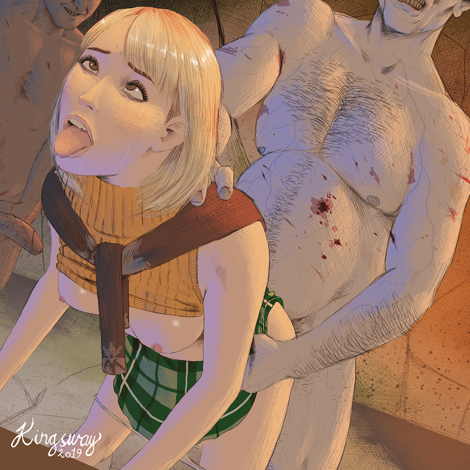 1girls, 2019, 2boys, 2monsters, ahe gao, ambiguous penetration, areolae, artist name, ashley graham, ashley graham (brooke elizabeth mathieson), biohazard, blonde hair, blood, breasts, brown eyebrows, brown eyes, capcom, clothing, cross-eyed, doggy style, exposed breasts, faceless male, female, functionally nude, ganado, hairy, hairy chest, hairy male, hand on hip, hand on shoulder, human, interspecies, kingsway, male, monster, monster on female, nipples, nude, nude male, panties, panties down, penis, plaid skirt, resident evil, resident evil 4, sex, shirt, shirt up, showing teeth, skirt, straight, tongue, tongue out, undead, zombie