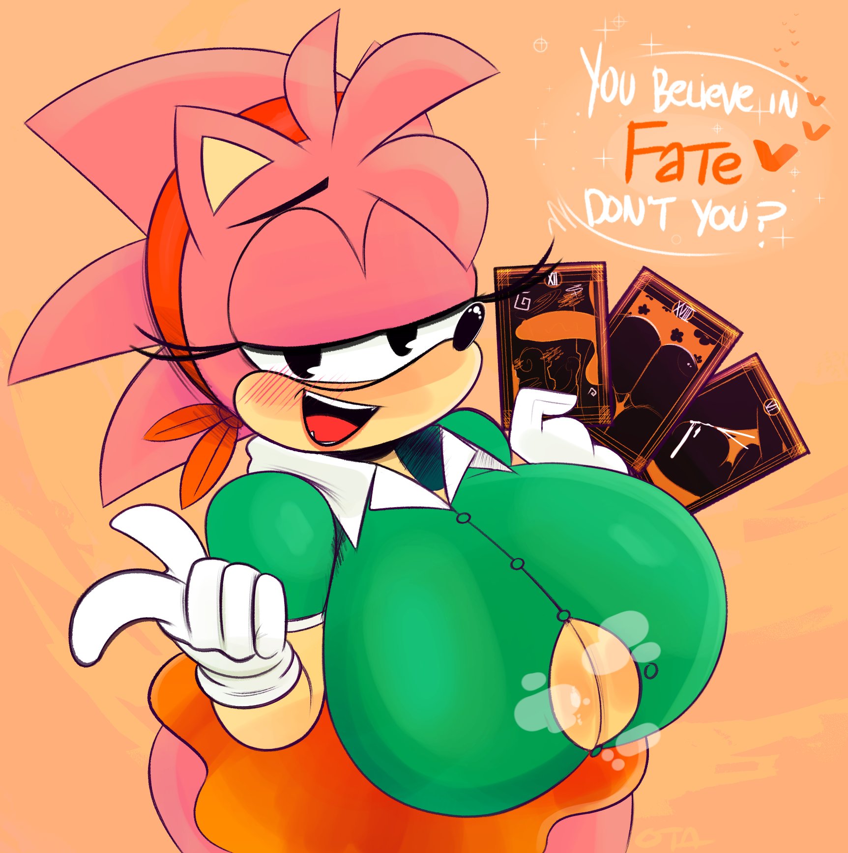 1girls, amy rose, anthro, bedroom eyes, big breasts, breasts, busty, button gap, classic amy rose, clothing, dialogue, female, female only, half-closed eyes, hedgehog, huge breasts, large breasts, looking at viewer, ota (artist), paizuri invitation, sega, solo, sonic (series), sonic the hedgehog (series), steam, steaming body, sweat, sweaty, talking to viewer, tarot card, text