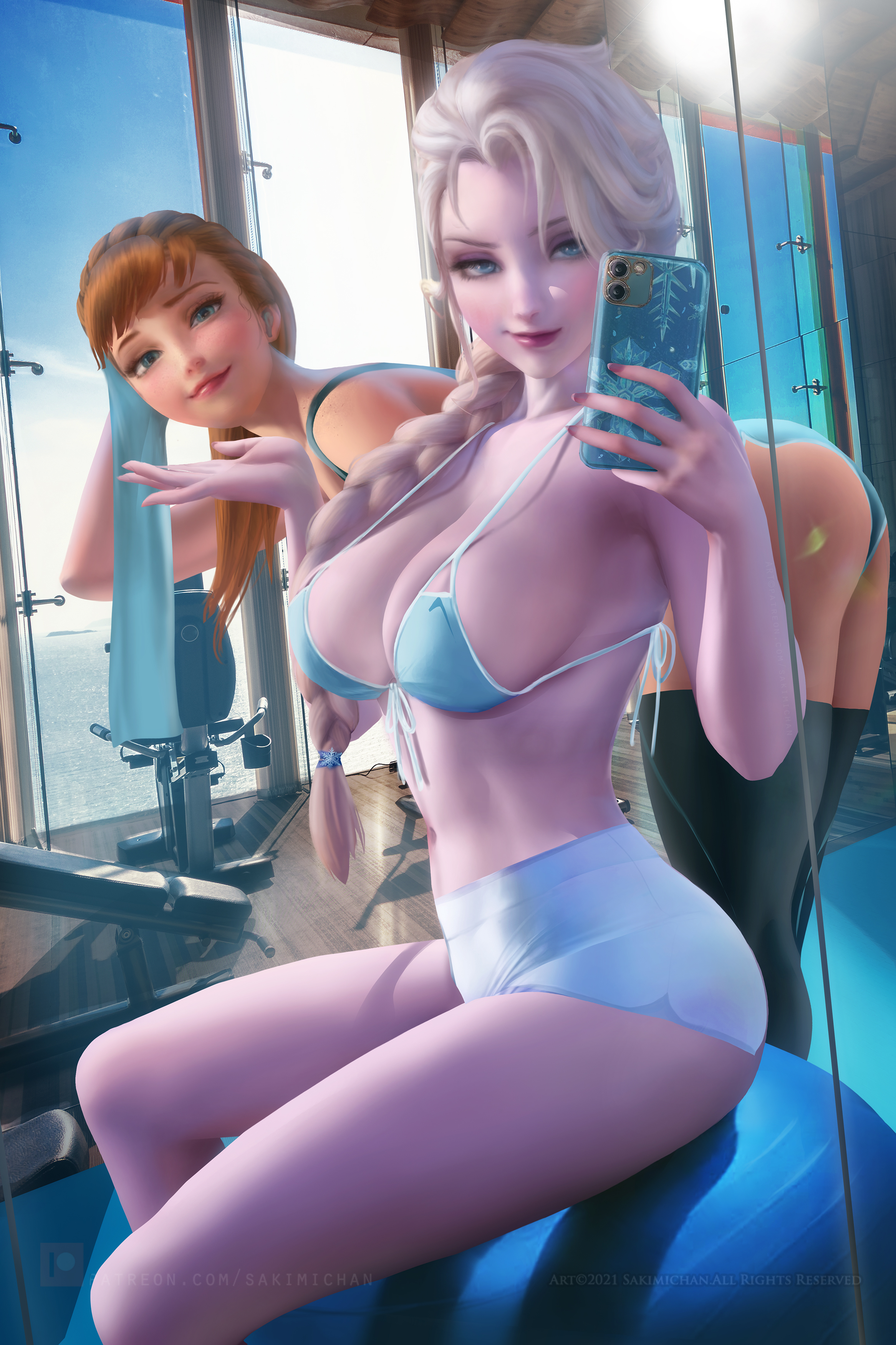 2022, 2girls, anna (frozen), ass, bending over, big ass, big breasts, blue eyes, bra, breasts, brown hair, clothing, disney, elsa (frozen), female, frozen (film), holding phone, light skin, light-skinned female, medium breasts, pale skin, pale-skinned female, phone, sakimichan, selfie, shorts, sisters, skin contrast, stockings, tagme, white hair