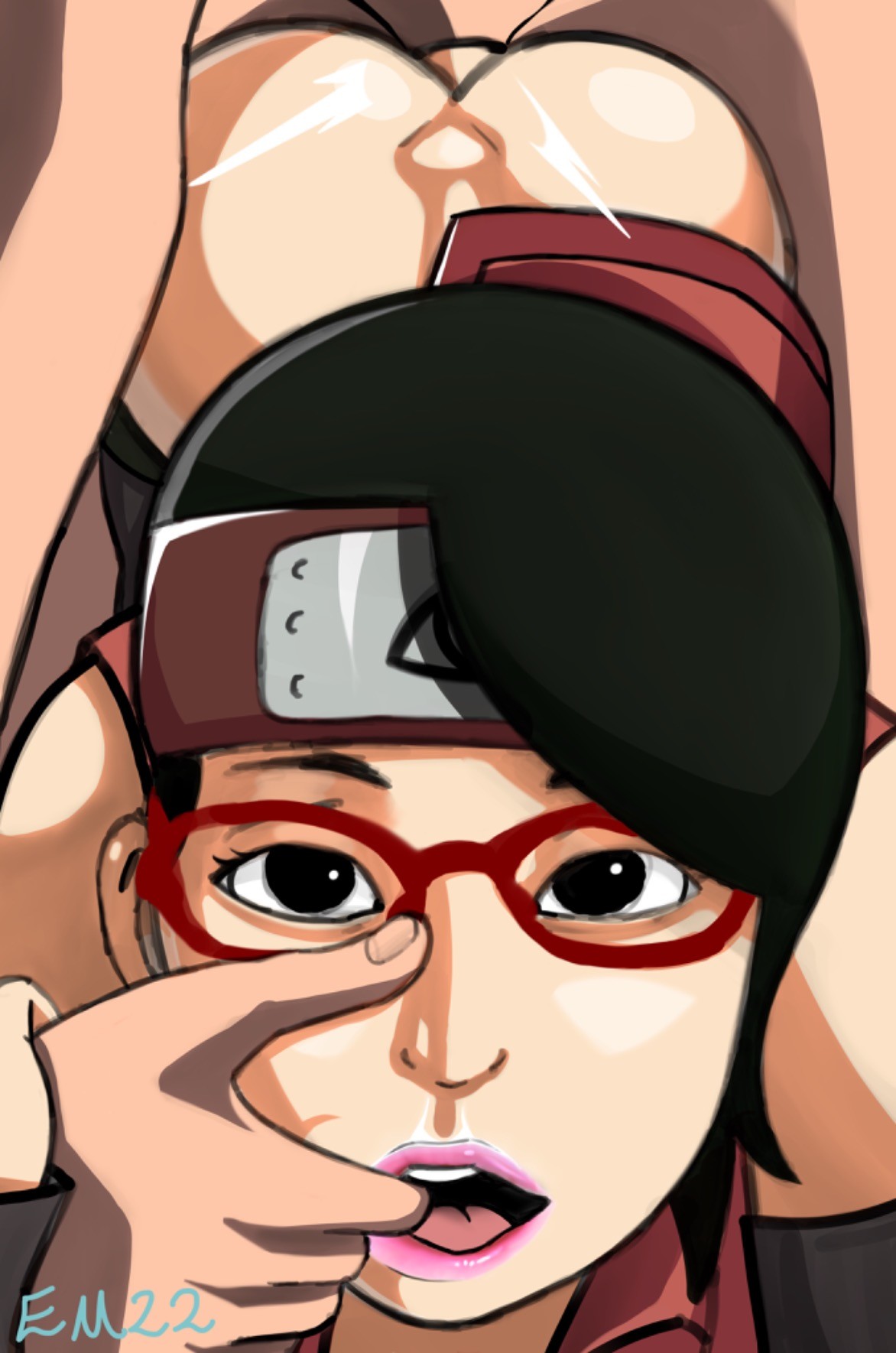 1boy, 1girls, almost naked, anal, anal sex, anus, arched back, armwear, asian, asian female, ass, bare shoulders, bent over, black hair, black legwear, boruto: naruto next generations, clothed, clothed sex, clothing, doggy style, eveningmajesty, faceless male, female, female focus, finger in mouth, forehead protector, glasses, headband, legwear, light skin, light-skinned female, lips, lipstick, looking at viewer, makeup, male, male penetrating, male/female, naruto, naruto (series), no panties, pale skin, pale-skinned female, partially clothed, penetration, pink lips, pink lipstick, sarada uchiha, sex, short hair, shounen jump, straight, thighhighs
