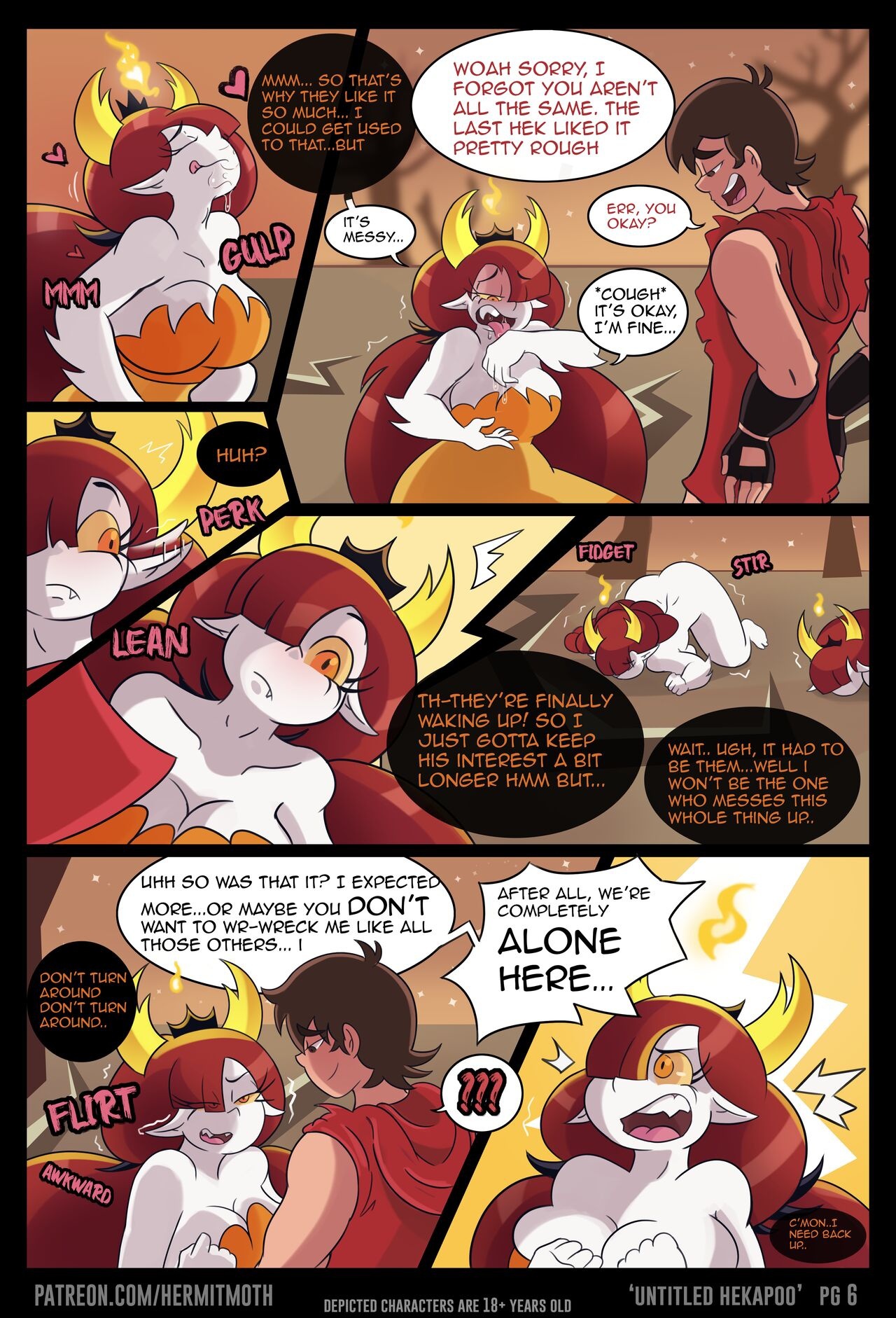 3girls, big breasts, breasts, cleavage, comic, dialogue, disney, disney channel, disney xd, english text, female, hekapoo, hekapoos trials (hermitmoth), hermitmoth, horns, latino, marco diaz, multiple females, multiple girls, page 6, red hair, star vs the forces of evil, swallowing, tagme, white skin