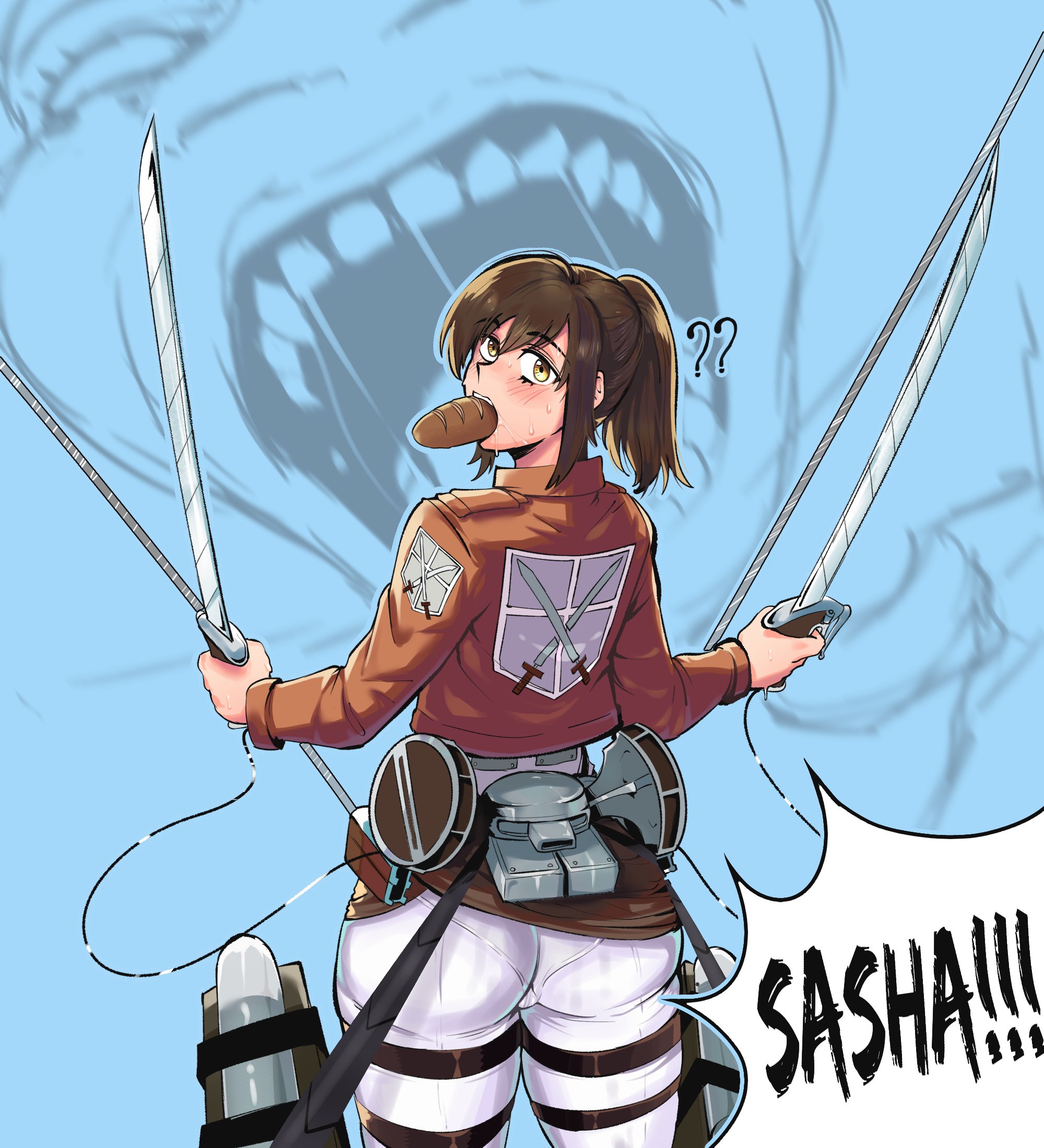 ass, attack on titan, back view, big ass, bread, food, hentaly, looking at viewer, looking back, object in mouth, sasha braus, shingeki no kyojin, tight pants