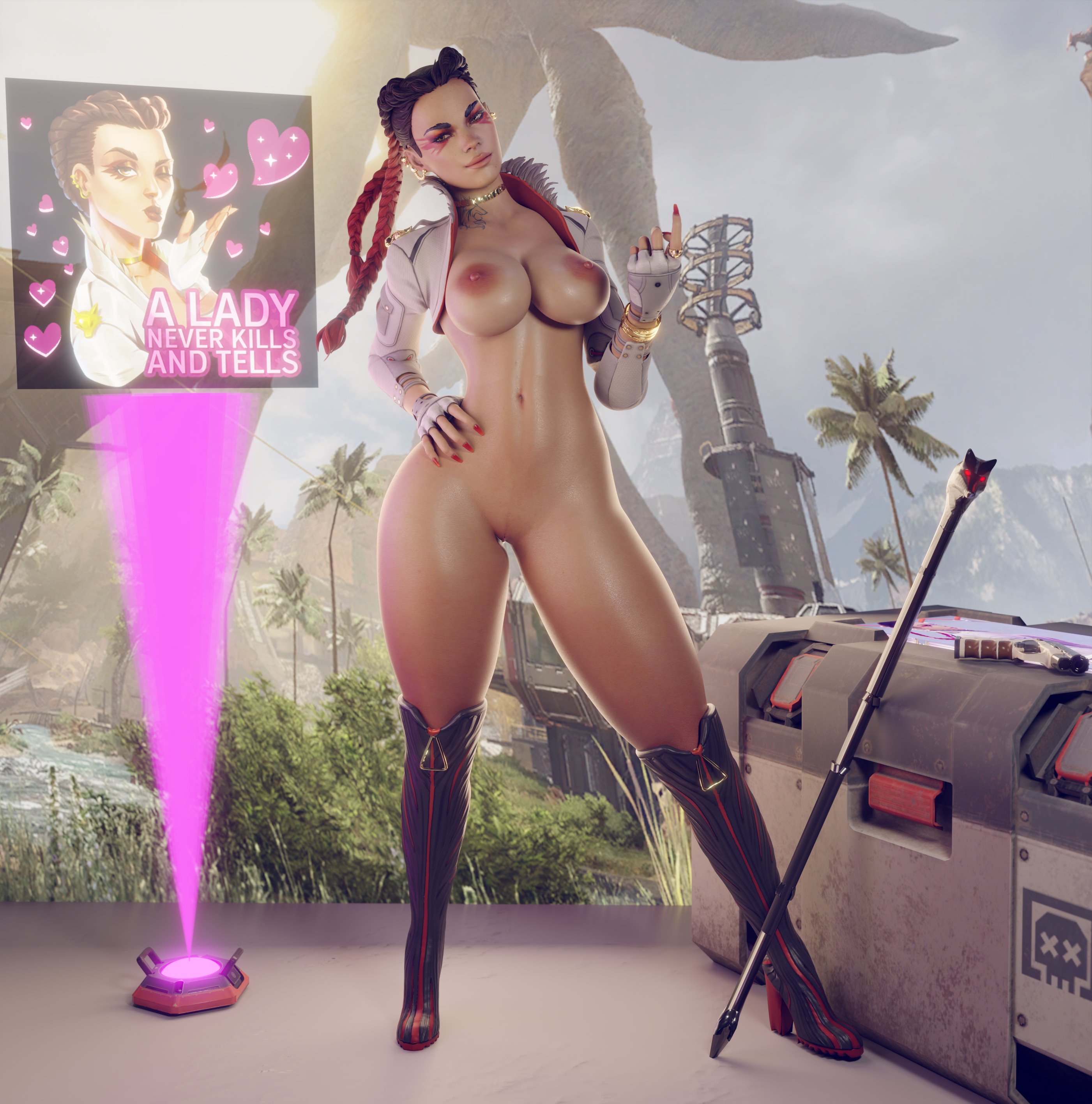 3d, 3d (artwork), apex legends, ass, big ass, big butt, bimbo, boots, braid, braided hair, breasts, dark skin, dark-skinned female, female, from behind, high heel boots, high heels, huge ass, large ass, loba (apex legends), looking at viewer, makeup, pistol, respawn entertainment, skimpy, skimpy clothes, superhentaimaster9000, thick, thick ass, thick thighs, thigh boots