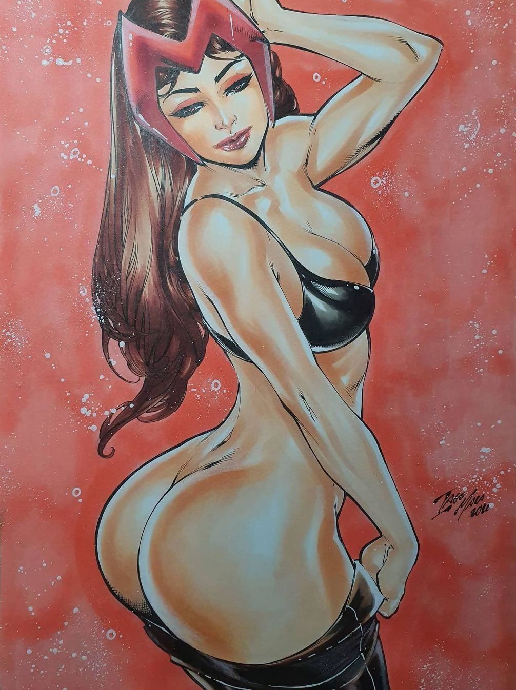 1girls, 2022, ass, avengers, black hair, curvaceous, curvy body, curvy female, curvy hips, ed benes studio, female, female ass, female only, iago maia, latex bra, latex thighhigh boots, long hair, looking at viewer, marvel, marvel comics, mutant, posing, red hair, scarlet witch, slavic, solo, solo female, traditional media (artwork), voluptuous, voluptuous female, wanda maximoff