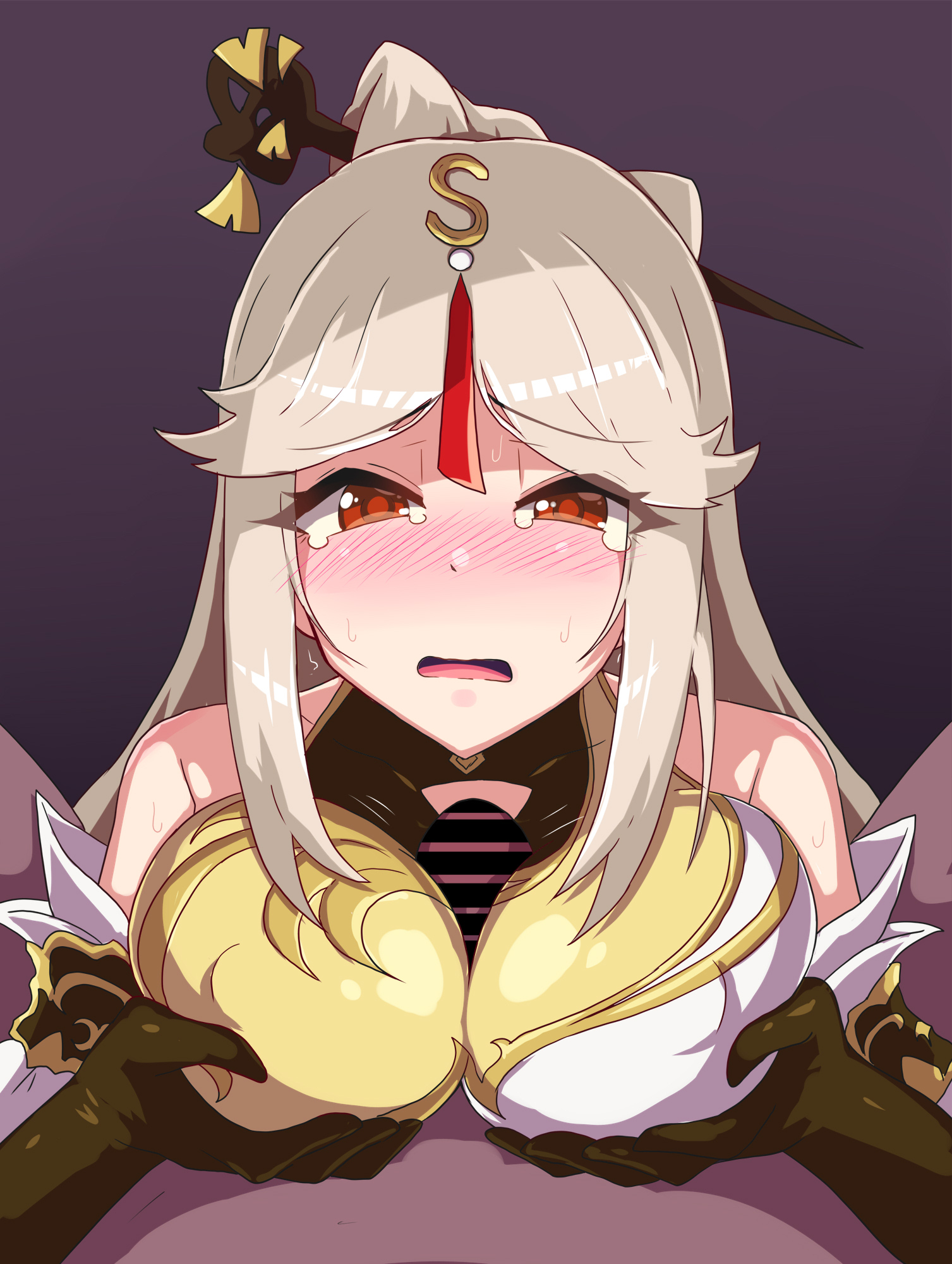 big breasts, big penis, blush, breast grab, breasts, censored, clothed, clothed female, crying, crying with eyes open, female, genshin impact, grabbing own breast, ka-9, male, ningguang (genshin impact), open mouth, paizuri, penis, penis between breasts, red eyes, titjob, white hair