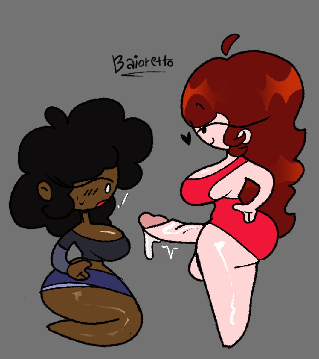 !, 1futa, 1girls, baioretto, big breasts, big penis, bottomless, breasts, carol (bbpanzu), clothed, clothing, dark skin, dark-skinned female, duo, erection, female, friday night funkin, fully clothed, futa mommy gf, futa on female, futanari, girlfriend (friday night funkin), heart, intersex, light skin, light-skinned futa, mob face, mostly clothed, penis, precum, precum drip, side view, simple eyes, standing, thick thighs, wide hips