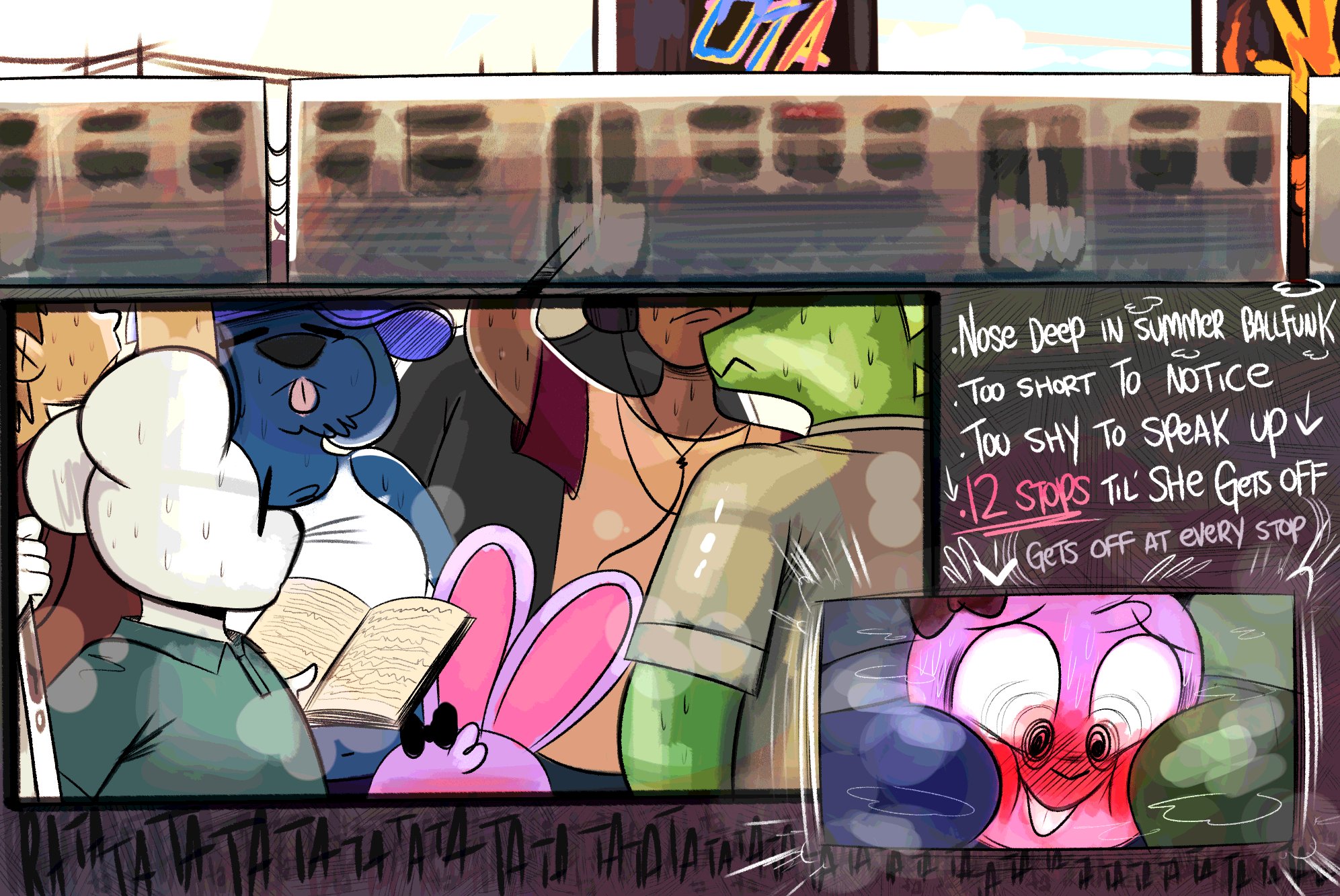 1girls, animal humanoid, anthro, blush, bunny ears, bunny girl, cock on face, female, female focus, furry, male, multiple boys, multiple males, musk, original character, ota (artist), penis, penis bulge, public, public transportation, shy, smaller female, smell, sweat, toony, train, train interior