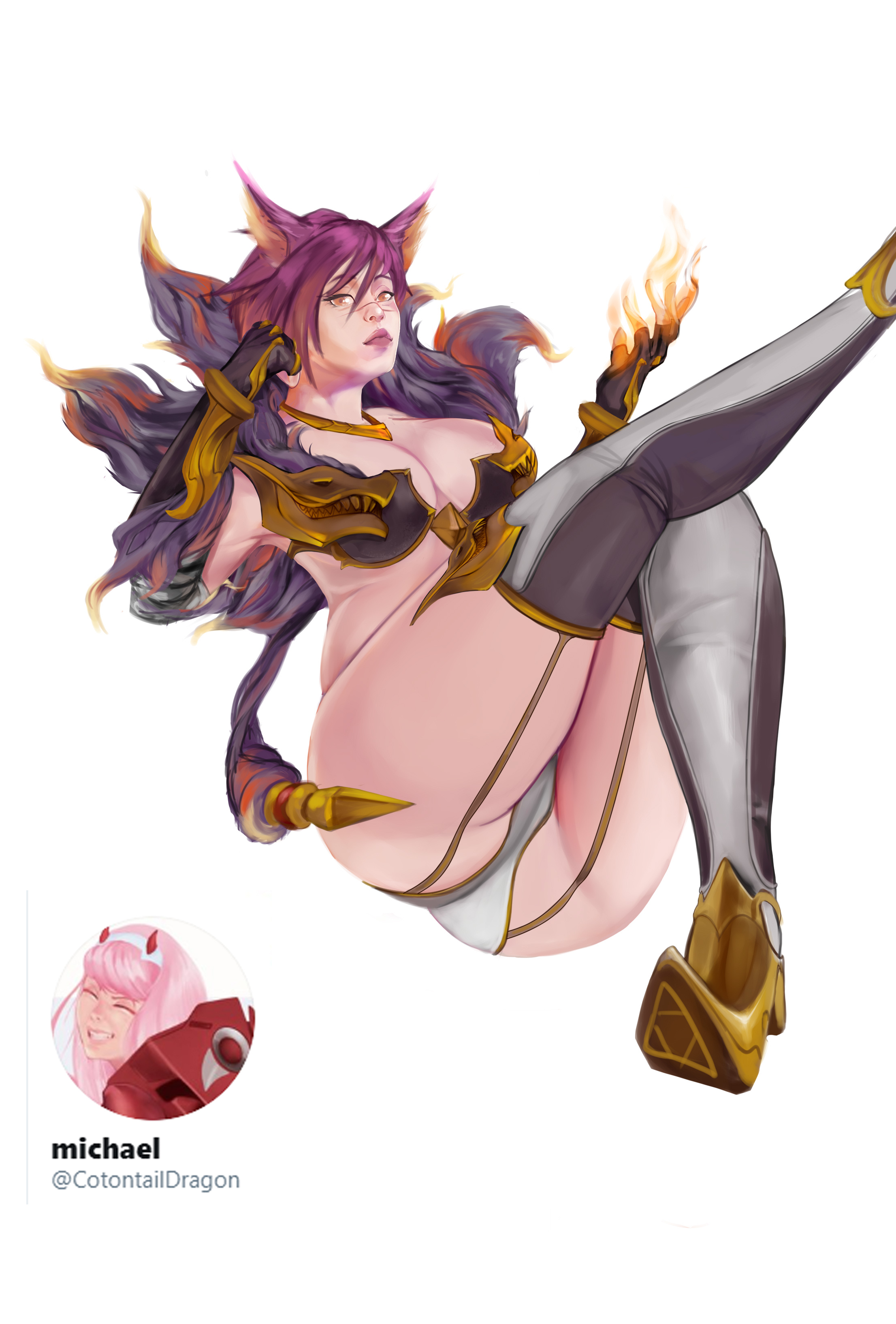 animal ears, big breasts, breasts, cleavage, facial scar, female, female only, fingerless gloves, fire, fur collar, garter straps, genderswap, genderswap (mtf), gloves, gold (metal), league of legends, looking at viewer, panties, purple hair, rule 63, sett, short hair, striped legwear, thick thighs, thighhighs, white panties