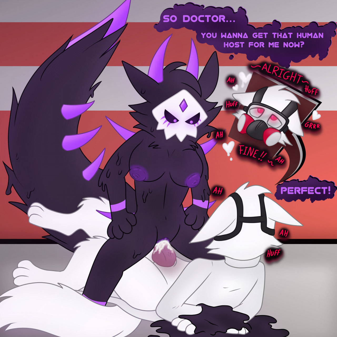 anthro, changed (video game), cowgirl position, cum, domination, dr.k (changed), female, female dominating male, female on top, femdom, male, male penetrating female, orgasm, original character, purple eyes, rule 63, tagme, text