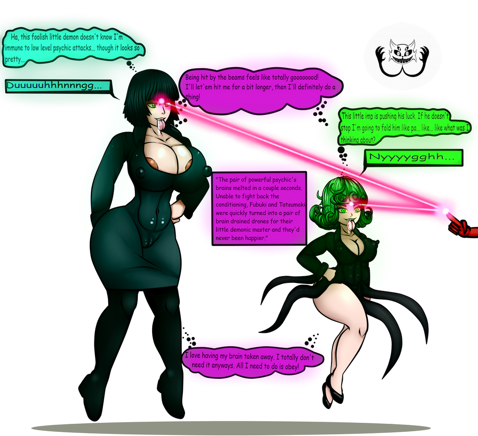 2girls big_breasts big_thighs black_hair brain_drain brain_fuck brainwashed brainwashing female female_only fubuki_(one-punch_man) green_eyes green_hair hypnosis hypnotic_eyes lazer mind_break mindbreak one-punch_man raygun revealing_clothes shortstack tatsumaki text thick_ass thick_thighs tongue tongue_out