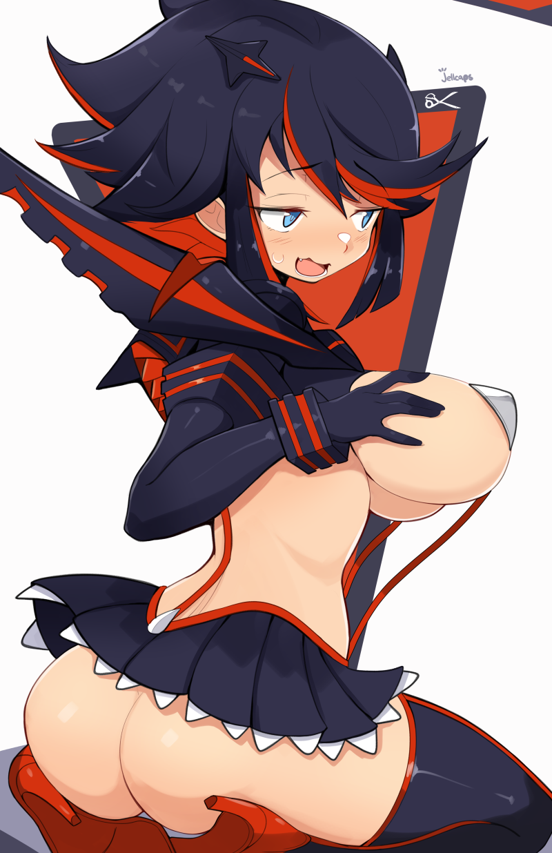 1girls, 2022, ass, black hair, black-haired female, blue eyes, breasts, female, female only, highlights, hips, huge ass, huge breasts, jellcaps, kill la kill, light skin, light-skinned female, matoi ryuuko, no panties, red highlights, revealing clothes, senketsu, short hair, slim waist, thick thighs, thighs, white background, wide hips
