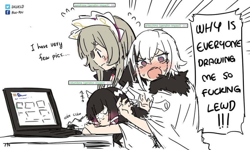 3girls absurdres angry arlecchino_(genshin_impact) artist_name bangs black_hair blonde_hair blush character_name coat columbina_(genshin_impact) computer danbooru_(booru) embarrassed full-face_blush fur_collar genshin_impact gradient_hair hair_ribbon head_wings headdress highres laptop looking_at_own_porn looking_at_porn meme meta multiple_girls open_mouth profanity ribbon sandrone_(genshin_impact) sesield sidelocks sketch sleeping speech_bubble streaked_hair tears upper_body white_coat white_hair white_headwear white_ribbon