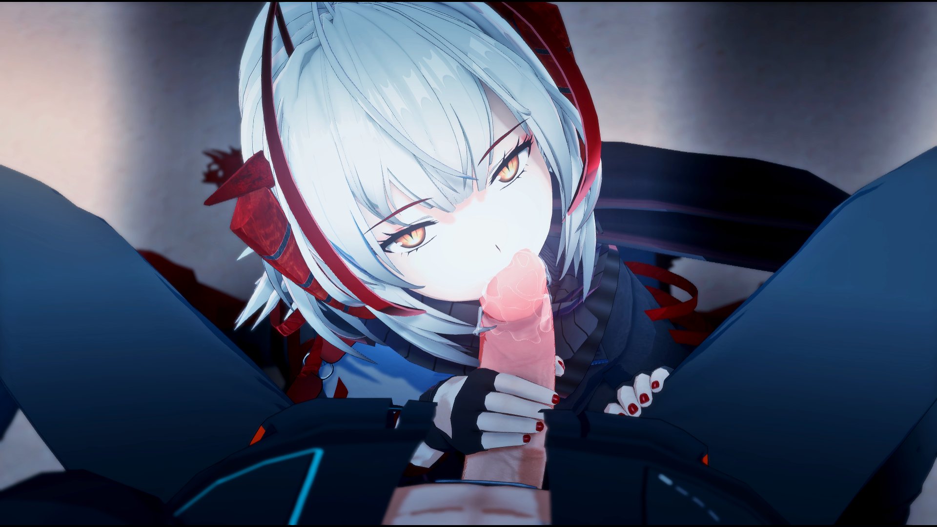 1boy, 1girls, arknights, blowjob, clothed, clothed female, clothed male, clothed male clothed female, clothed sex, doctor (arknights), erect penis, erection, fellatio, female, functionally nude, functionally nude male, looking at viewer, male, male pov, penis, penis out, red eyebrows, silver hair, sucking tip, tagme, w (arknights), wataamage, yellow eyes