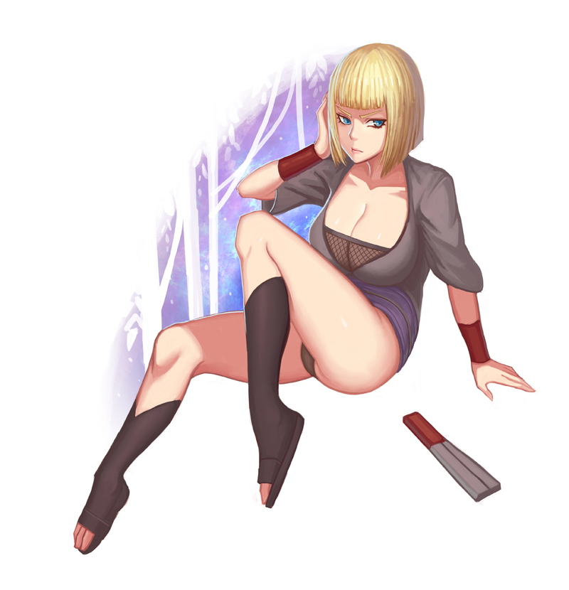 1girls big_breasts blonde_hair blue_eyes blunt_bangs bob_cut boots bottomless breasts busty center_opening female female_only kodachi kunoichi leaf98k long_hair looking_at_viewer mature mature_female mesh mesh_shirt naruto naruto_(series) naruto_shippuden ninja no_bra open_toe_shoes panties samui solo solo_focus sword voluptuous weapon