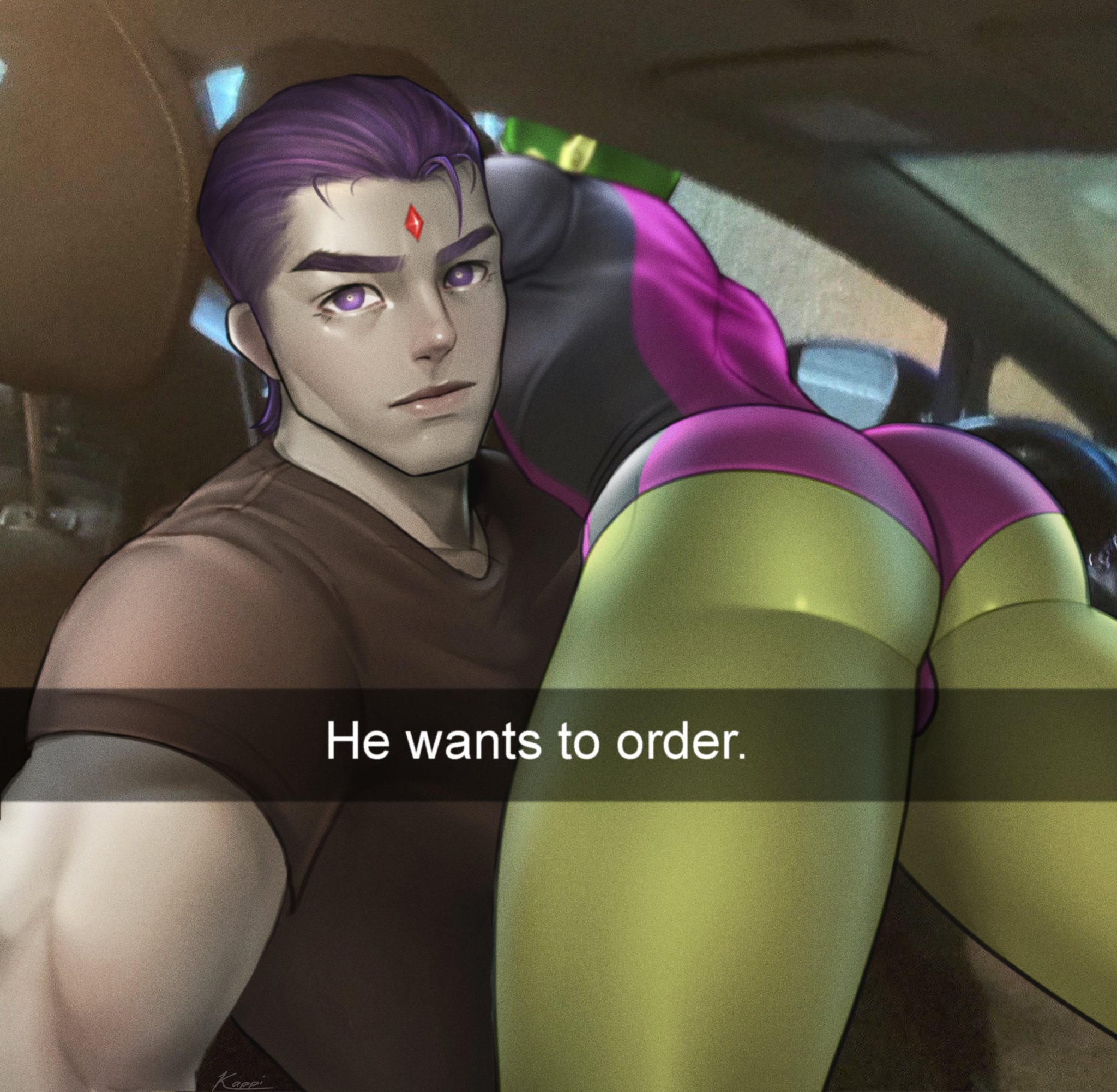 ass, ass eating shorts, beast boy, bending over, dc, dc comics, english, english text, garfield logan, genderswap, green skin, grey skin, he wants to order, in car, kappibara, looking at viewer, male, male only, meme, muscles, muscular, muscular male, rachel roth, raven (dc), rule 63, snapchat, superhero, teen titans