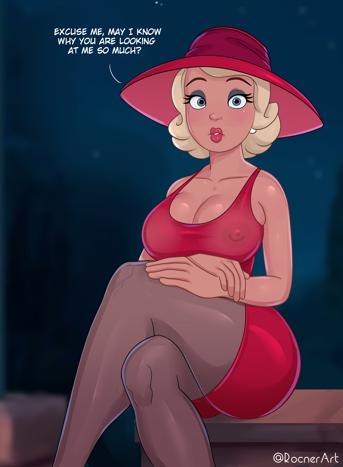 1girls, bare shoulders, big breasts, blonde hair, breasts, charlotte la bouff, cleavage, clothed, clothing, dialogue, disney, disney princess, dress, english text, female, female only, light skin, light-skinned female, lipstick, looking at viewer, mascara, night, night sky, nipples, nipples visible through clothing, platinum blonde hair, rocner, solo, stars, tagme, text, the princess and the frog