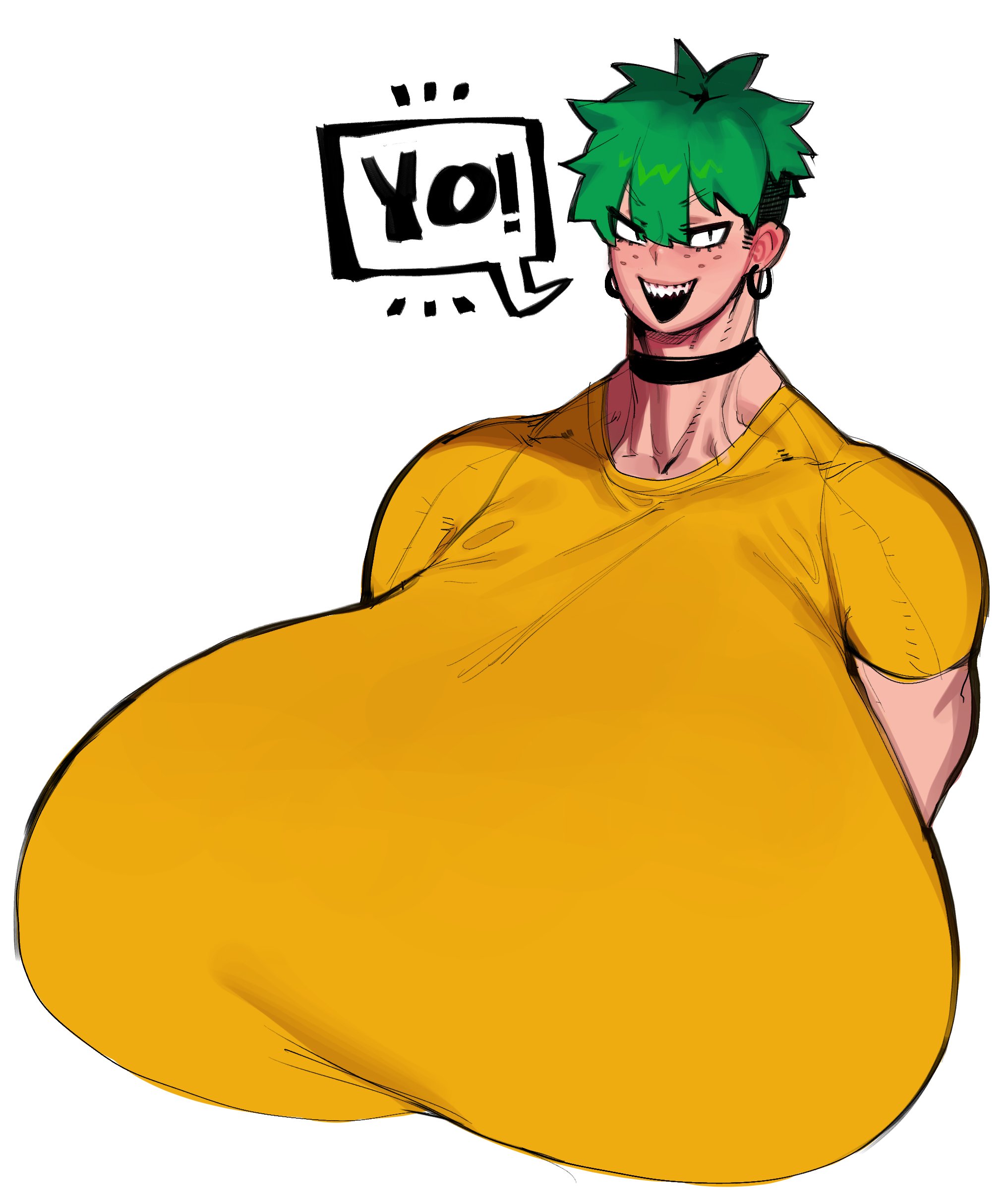 1girls, big breasts, breasts, choker, female, female focus, female only, giant breasts, gigantic breasts, goth, green hair, huge breasts, hyper, hyper breasts, maotthat, massive breasts, sharp teeth, shirt, smile, solo, thick neck, very short hair