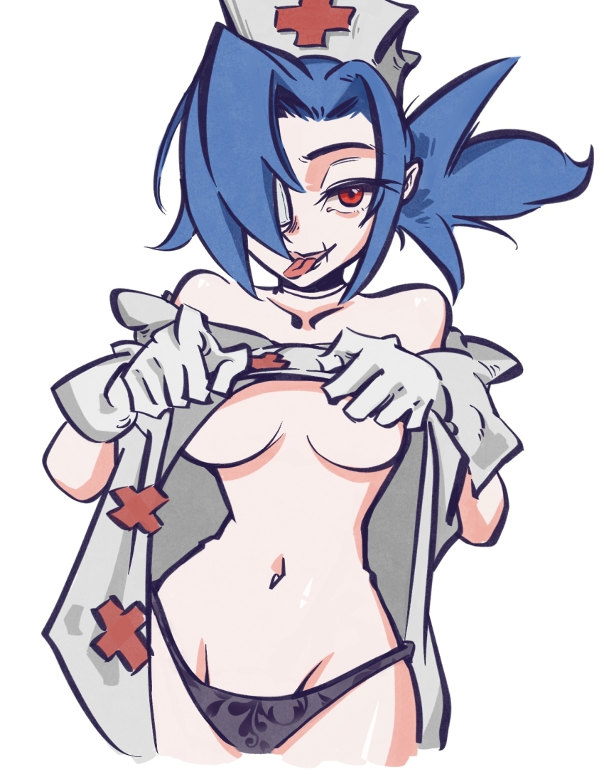 artist request, blue hair, breasts, choker, cowboy shot, female, floral print, gloves, hat, highres, navel, nurse, nurse cap, open mouth, panties, ponytail, red eyes, scar, scar on face, skullgirls, smile, solo, thin waist, tongue, tongue out, underboob, underwear, undressing, valentine (skullgirls), white background