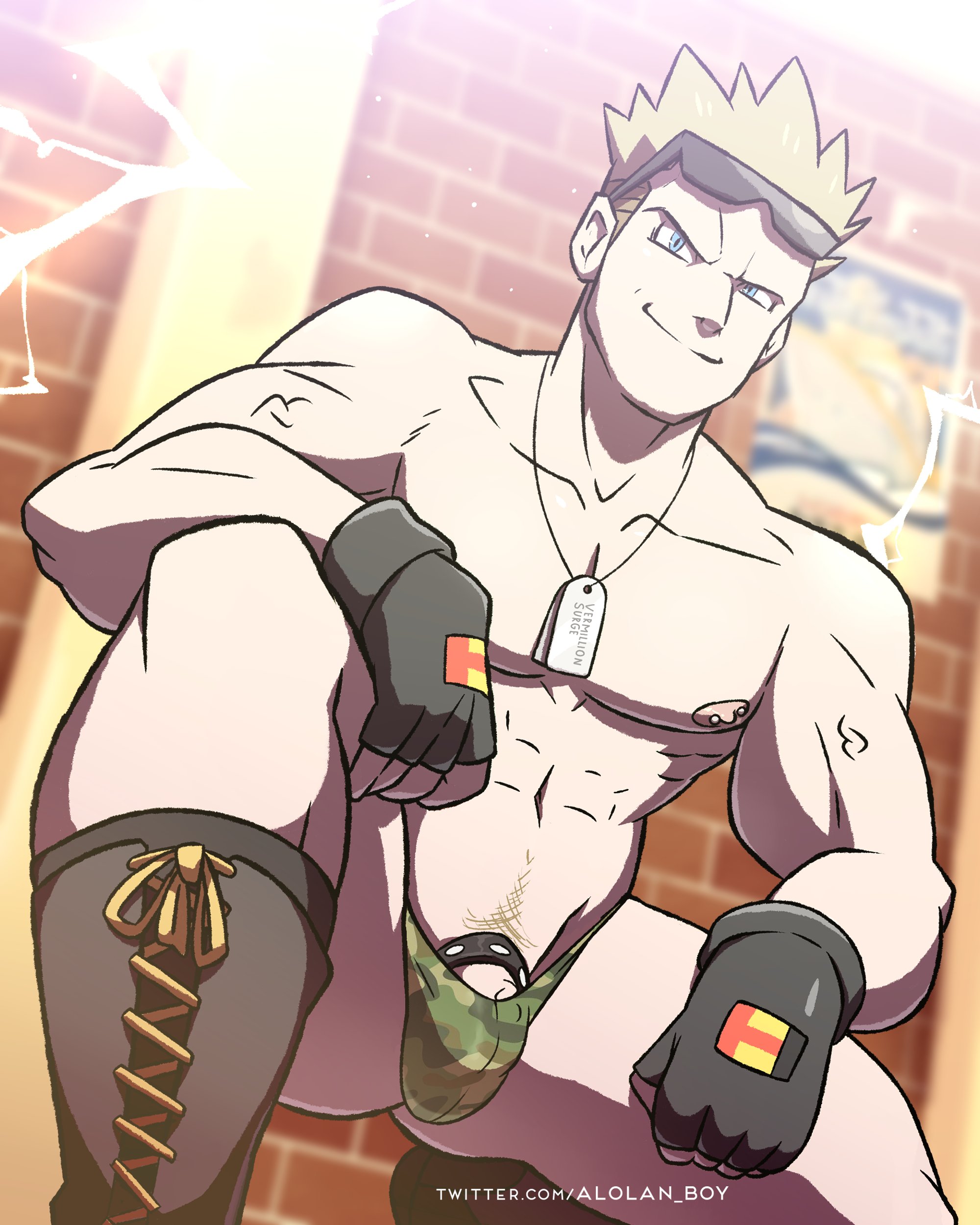 1boy, alolan boy, balls, bara, blonde hair, bulge, cock ring, eyewear on head, femboy, femboy dilf, game freak, gay, lt surge, male, male focus, male only, muscles, muscular, nintendo, npc trainer, penis, penis peek, pokemon, solo, solo male, spread legs, squatting, sunglasses on head, thong, thong only, yaoi