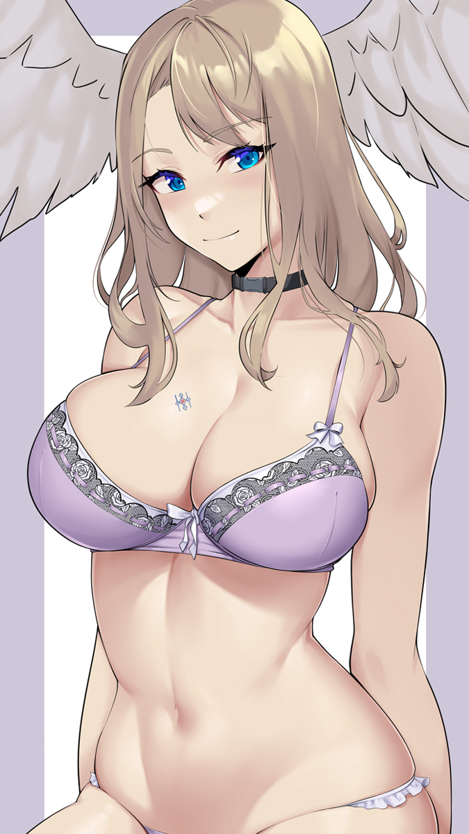 1girls, blue eyes, bra, breasts, eunie (xenoblade), female, head wings, looking at viewer, purple bra, solo, xenoblade (series), xenoblade chronicles 3