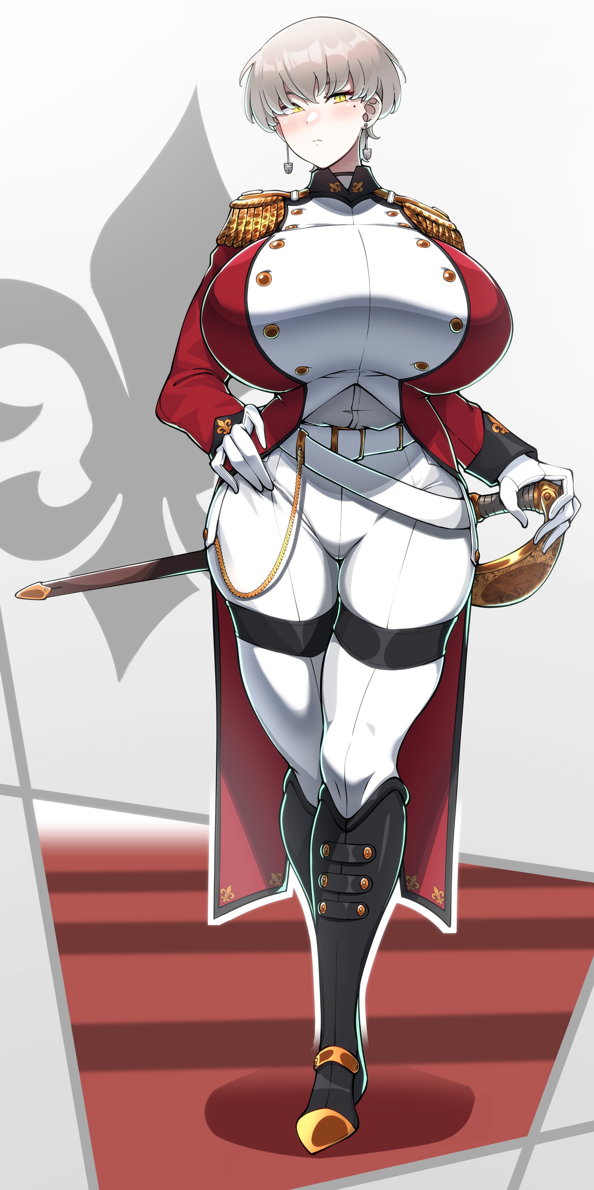 1girls, amber eyes, big breasts, big thighs, breasts, breasts bigger than head, female, female only, gigantic breasts, guard, huge breasts, konoshige (ryuun), original, royal guard (konoshige), ryuun (stiil), short hair, slight blush, soft breasts, solo, sword, tight clothing, uniform, white hair, wide hips