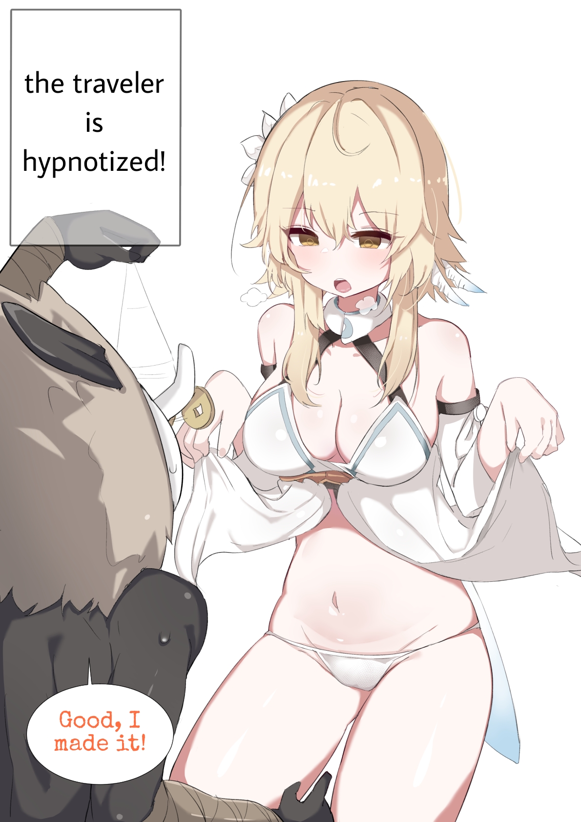 1boy, 1girls, belly, blonde hair, boobs, breasts, doldol, female, genshin impact, hilichurls (species), hypnosis, hypnotized, imminent sex, lumine (genshin impact), male, mind control, nakadashi, naked, panties, seductive, thighs, tongue, tongue out