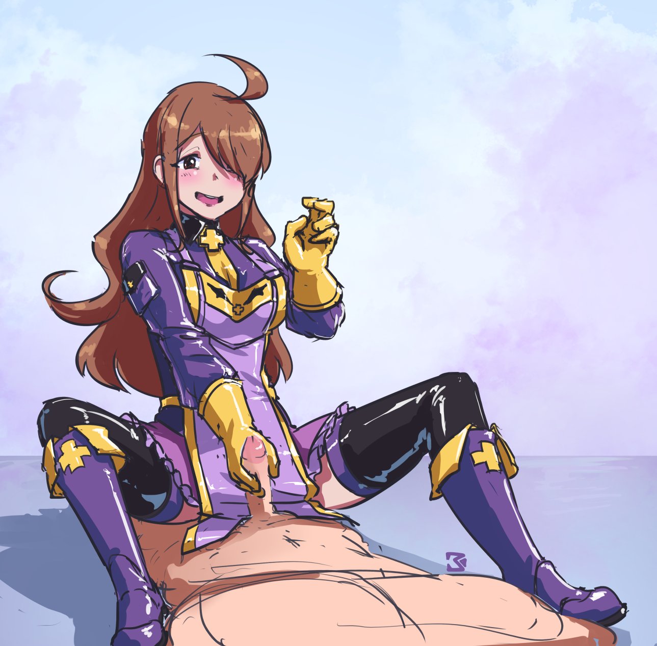1boy, 1girls, blush, brown hair, clothed, clothing, cum, cum on hand, female, gloved handjob, gloves, handjob, kono subarashii sekai ni shukufuku wo!, light skin, light-skinned female, light-skinned male, long hair, male, masturbation, nude, nude male, raincoatkappa, rubber gloves, tagme, wiz (konosuba), yellow gloves