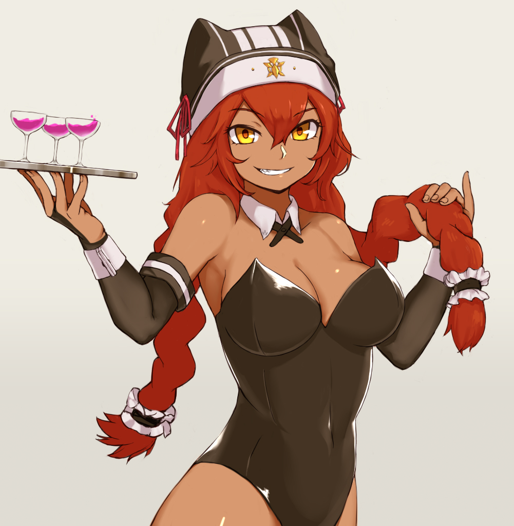 big breasts, breasts, bunnysuit, dark skin, dark-skinned female, female, hat, lupusregina beta, overlord (maruyama), red hair, tagme, waitress, yellow eyes