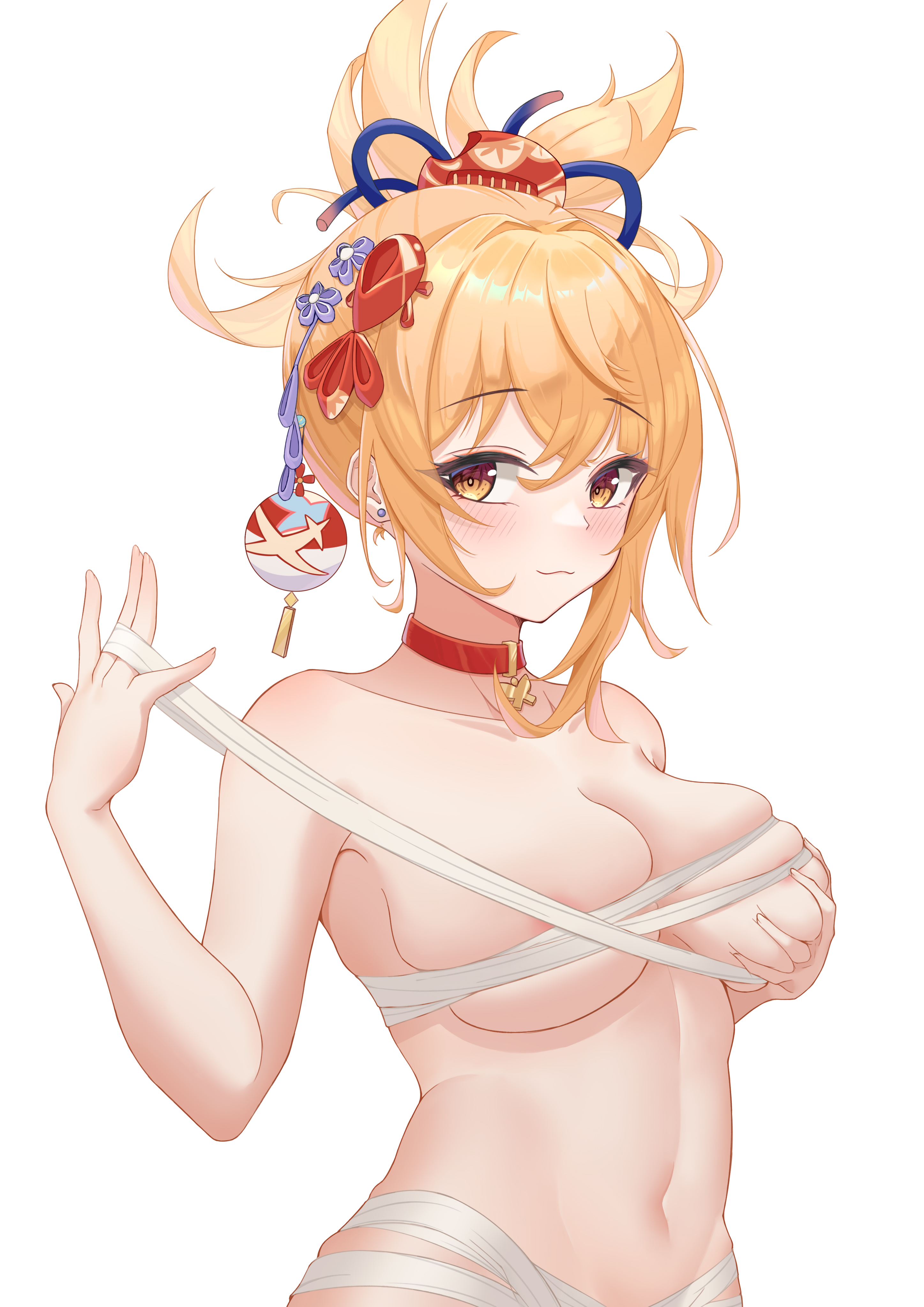 bandage, bandages, big breasts, blonde hair, breast grab, breasts, collar, collarbone, female, genshin impact, grabbing own breast, hair ornament, large breasts, nude, nude female, orange eyes, yoimiya (genshin impact)