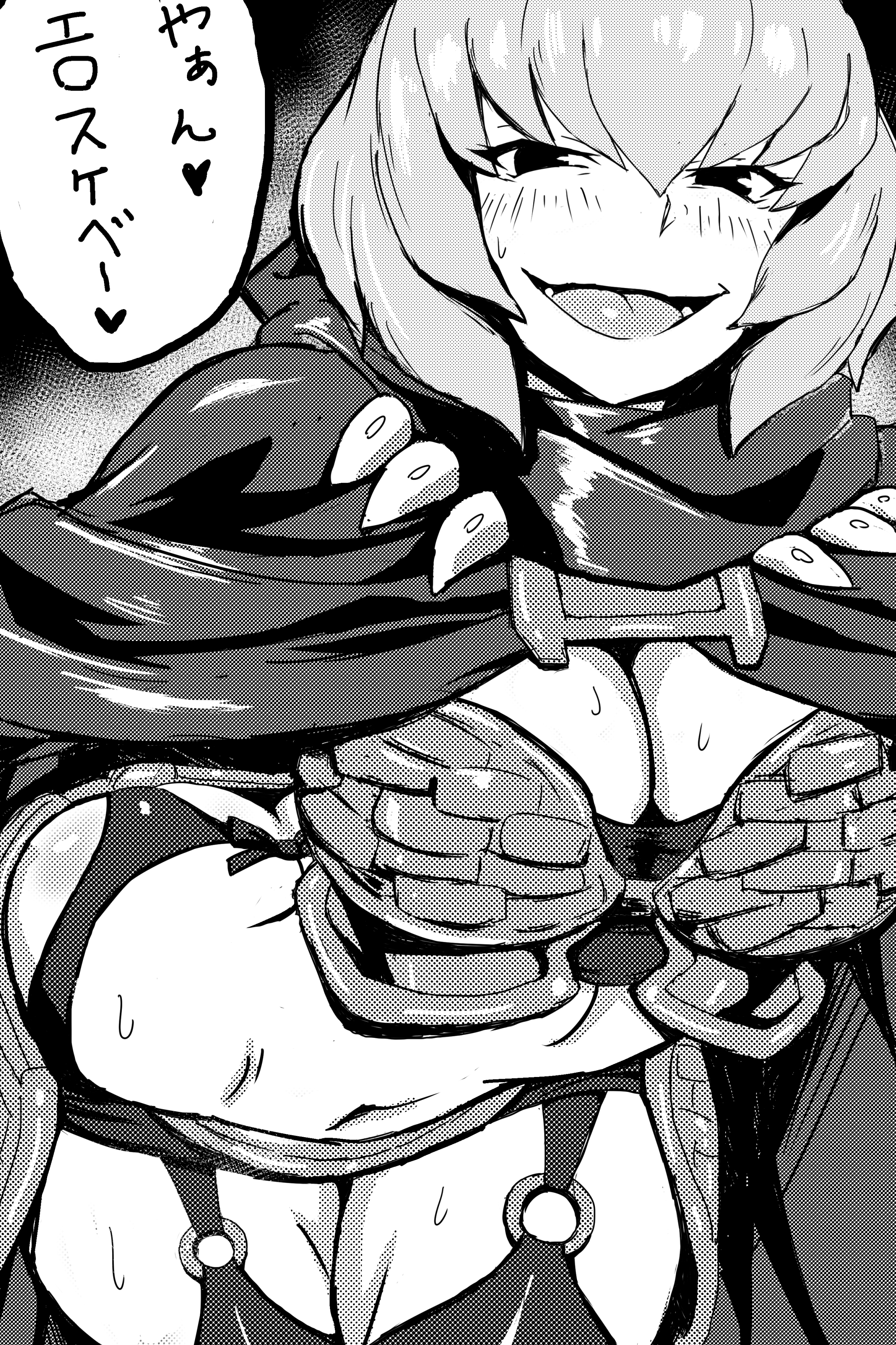 1girls, ass, big ass, big breasts, black and white, black panties, blush, breasts, cape, cleavage, clementine (overlord), emusurii, female, female focus, female only, hi res, high resolution, highres, japanese text, looking at viewer, open mouth, overlord (maruyama), panties, short hair, skimpy armor, smile, smiling, smiling at viewer, solo, spoken heart, sweat, tagme, text bubble, thick thighs, thighs, translation request, underwear, visible underwear