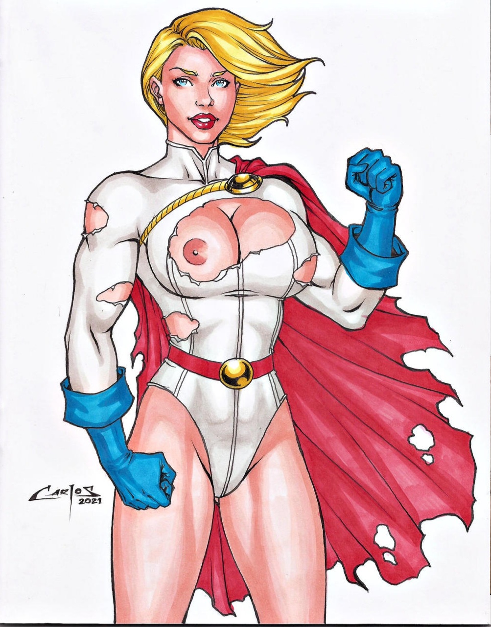 1girls big_boobs carlos_braga cleavage curvaceous curvy_body curvy_female curvy_figure dc_comics ed_benes_studio erect_nipples justice_league justice_league_unlimited justice_society_of_america karen_starr leotard looking_at_viewer milf nipple_bulge power_girl signature solo_female solo_focus tagme torn_costume voluptuous voluptuous_female