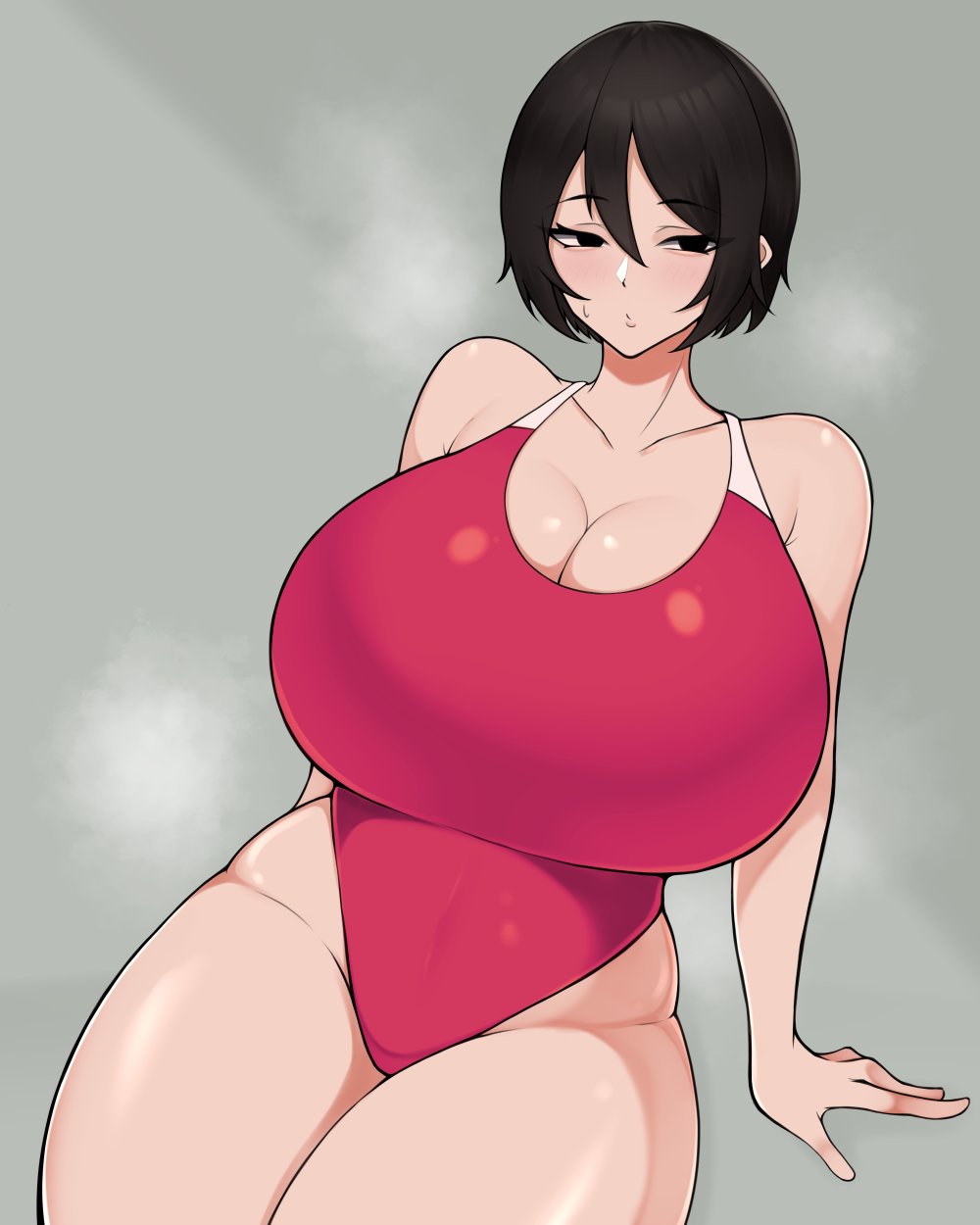 1girls, bare shoulders, big breasts, black eyes, black hair, blush, blushing, breasts, busty, child bearing hips, curvaceous, curves, curvy, curvy body, curvy female, curvy figure, curvy hips, dark eyes, dark hair, female, female only, gigantic breasts, hips, huge breasts, large breasts, original, perfect legs, shiny skin, short hair, shoulders, steam, sweat, sweating, swimsuit, swimwear, tagme, thick, thick thighs, thighs, thighs together, tokitamago, wide hips
