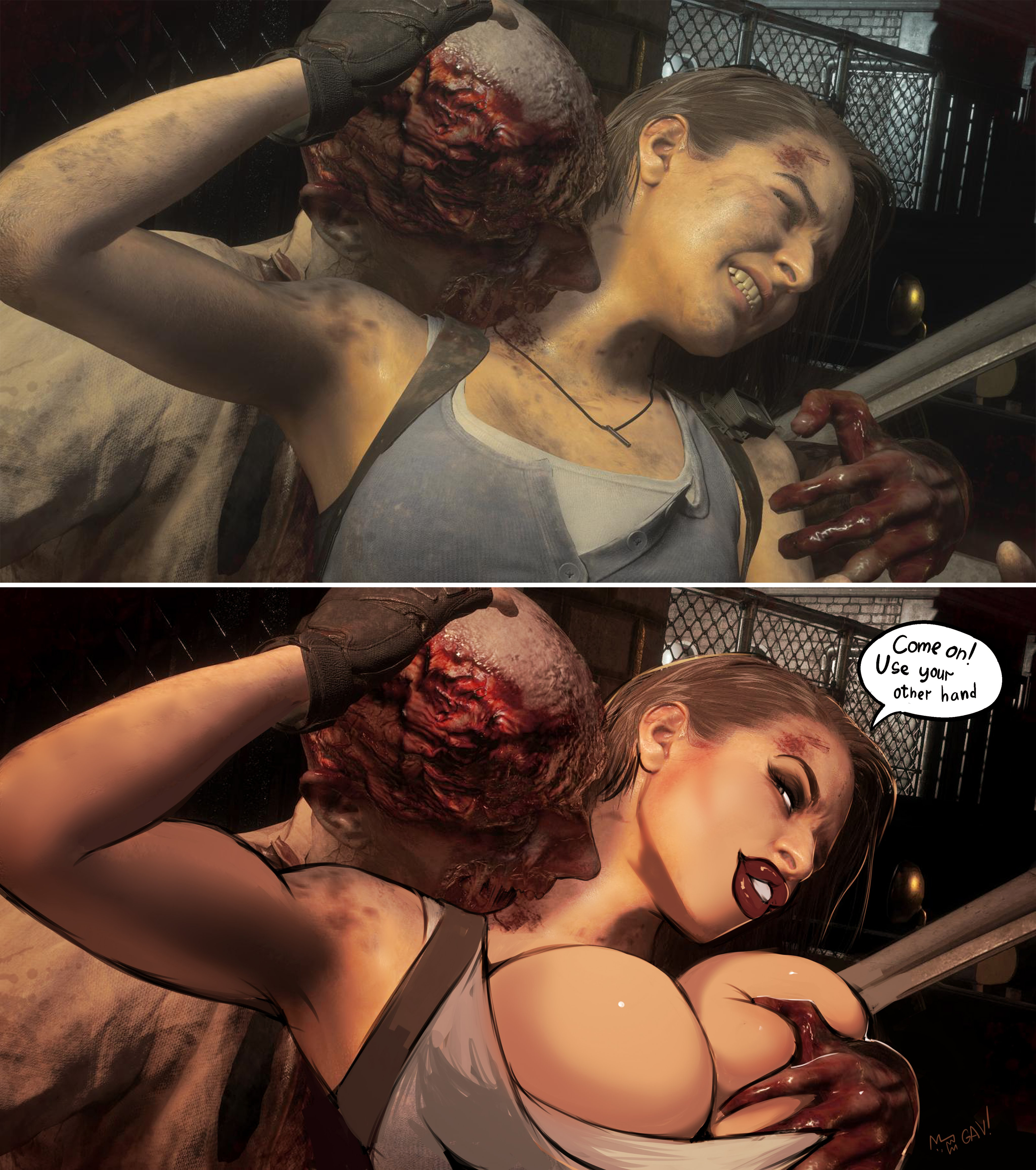 1boy, 1girls, 3d, aleksandrgav, bimbo, bimbofication, breasts, bursting breasts, busty, capcom, cleavage, edit, female, female focus, grope, groping, groping breasts, groping from behind, hourglass figure, jill valentine, jill valentine (sasha zotova), male, overflowing breasts, redraw, resident evil, resident evil 3, resident evil 3 remake, tagme, wide hips, zombie
