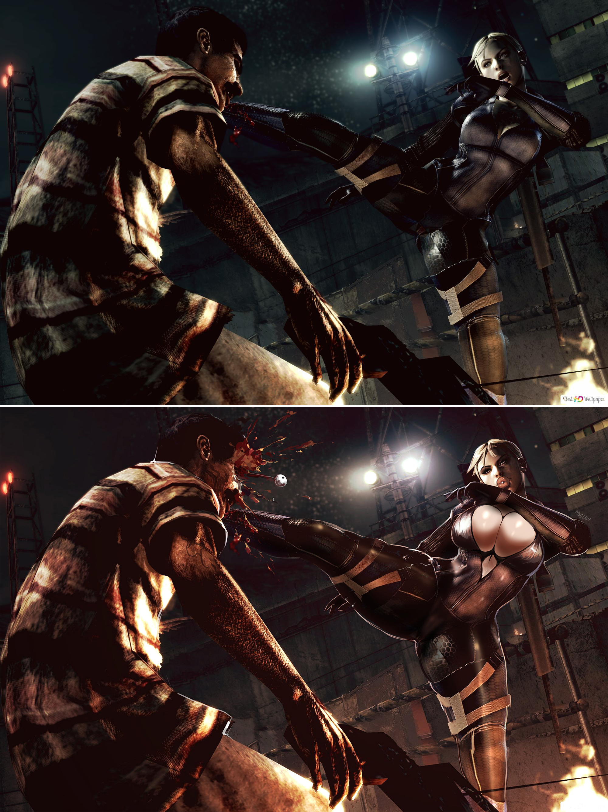 3d, aleksandrgav, athletic, athletic female, big breasts, bimbo, bimbofication, blonde hair, bodysuit, breasts, bursting breasts, busty, capcom, cleavage, edit, female, female focus, fight, fighting pose, gore, hourglass figure, jill valentine, jill valentine (blonde), jill valentine (julia voth), jill valentine bodysuit, kicking, overflowing breasts, redraw, resident evil, resident evil 5, tagme, unzipped, unzipped bodysuit, wide hips, zombie